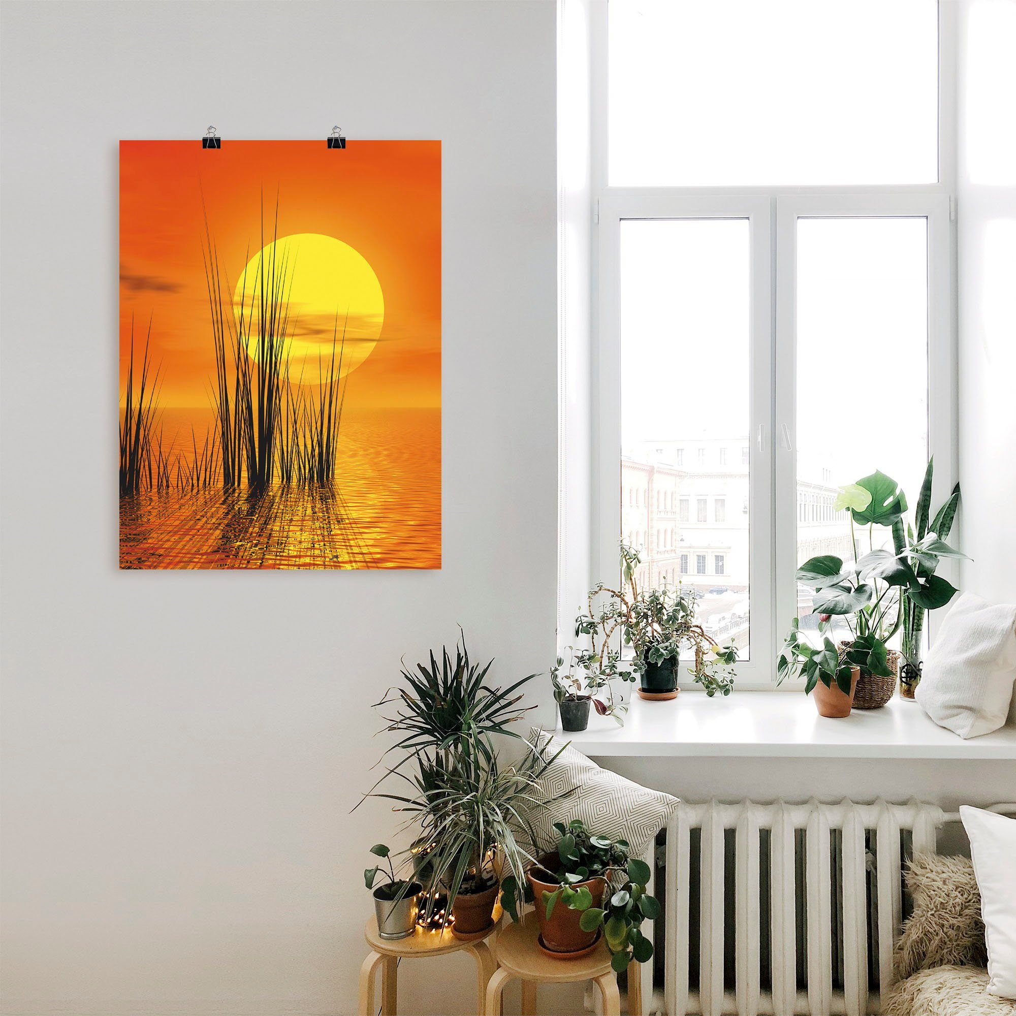 Poster als -untergang & Schilf, St), in Größen Wandbild Leinwandbild, (1 Artland Wandaufkleber versch. Sonnenuntergang Sonnenaufgang mit oder