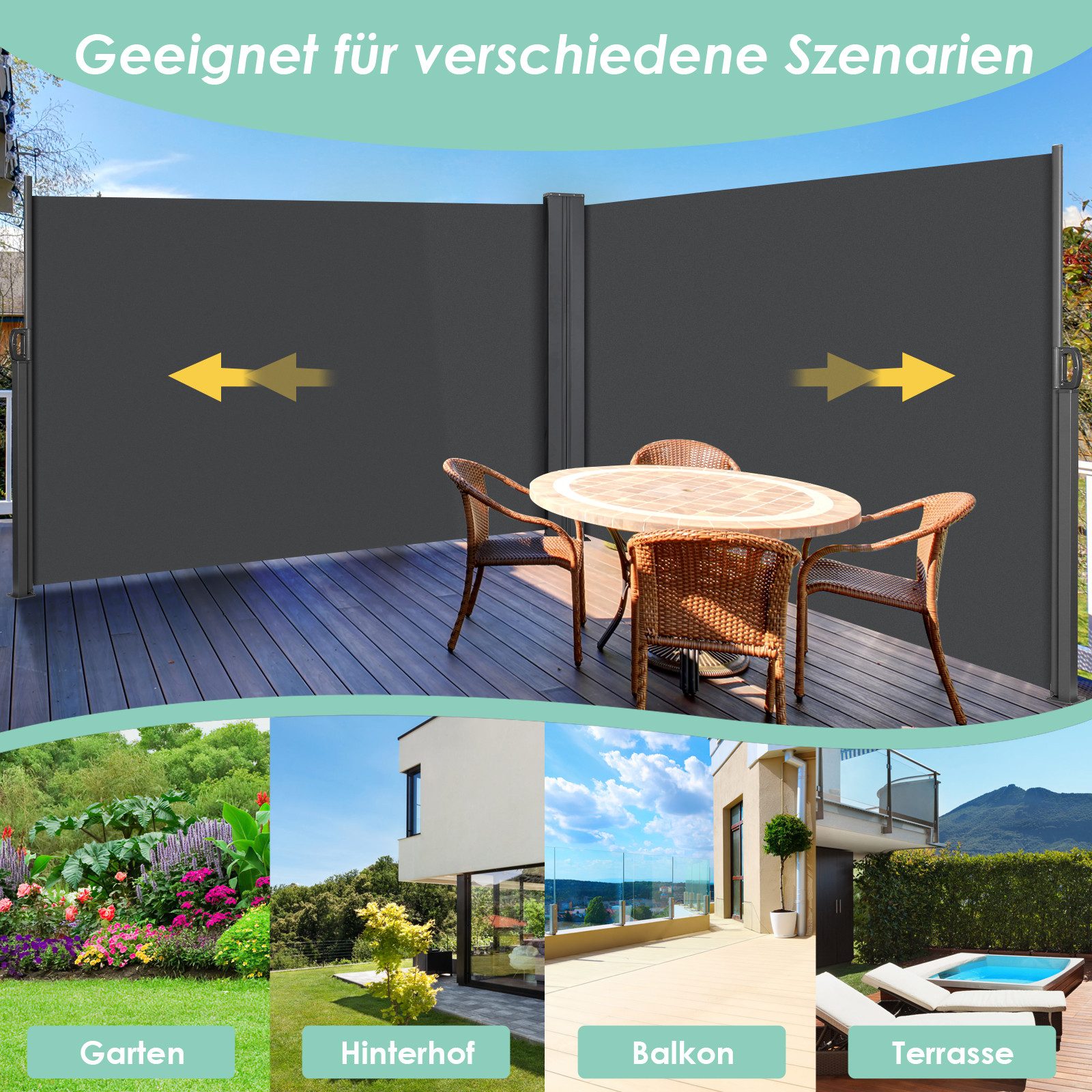 TLGREEN Seitenmarkise Aluminium-Eisen, Ausziehbar Seitenrollo mit PU-Beschichtung (180x600 cm, Blickdicht Sichtschutz Windschutz Sonnenschutz Wasserdicht) Für Balkon Terrasse Garten Außenbereich