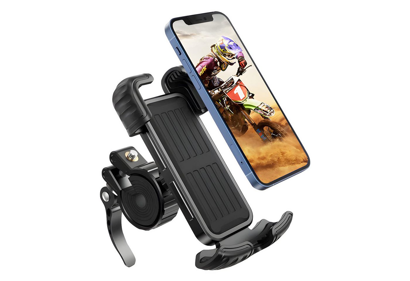 SURFOU Smartphone-Halterung Handyhalterung Fahrrad, Handyhalter Motorrad360° Lenker Halter, (Stabile Handyhalterung Fahrrad & Motorrad, ideal für 5,1–6,8", Metall, mit Sicherheitsverschluss, 1-tlg., 360° Drehgelenk & Silikonschutz, wasserdicht–werkzeuglos