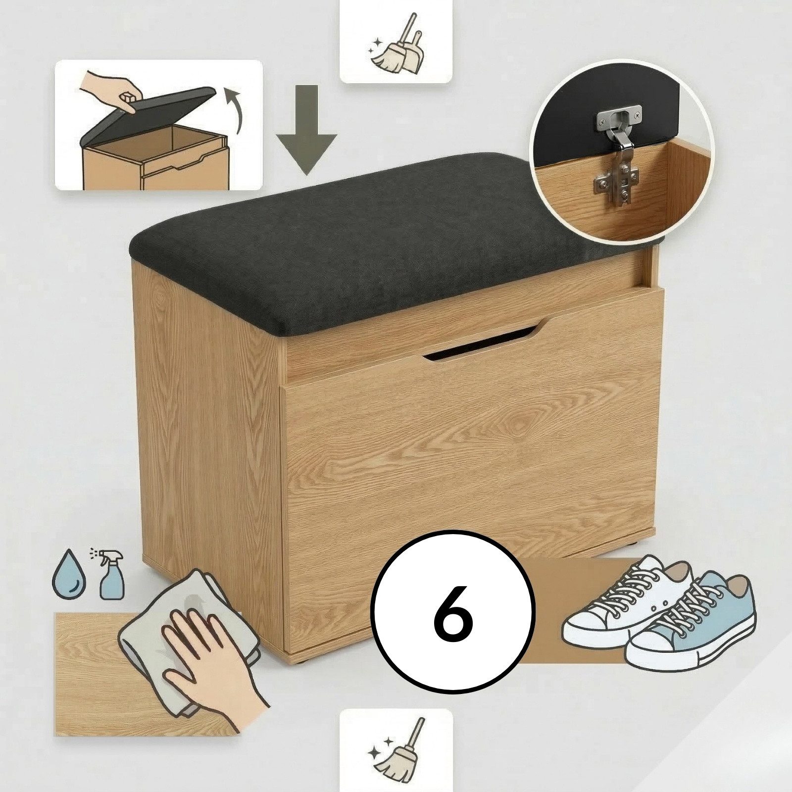 BOXIMO Schuhschrank Schuhschrank mit Sitzfläche und Stauraum VIRA, 60 x 50 x 35 cm (Schuhschrank GRADIA mit Sitzbank) – Bild 5 von 5