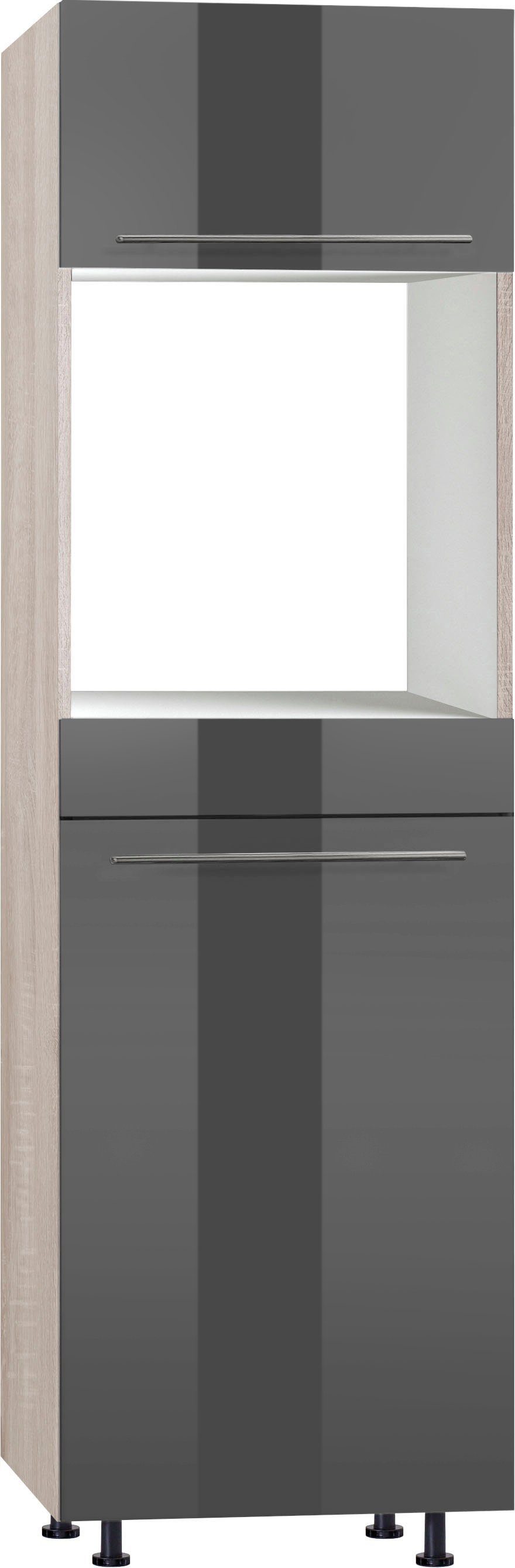 OPTIFIT Backofen/Kühlumbauschrank Bern 60 cm breit, 212 cm hoch, mit höhenverstellbaren Stellfüßen grau Hochglanz/akaziefarben | akaziefarben