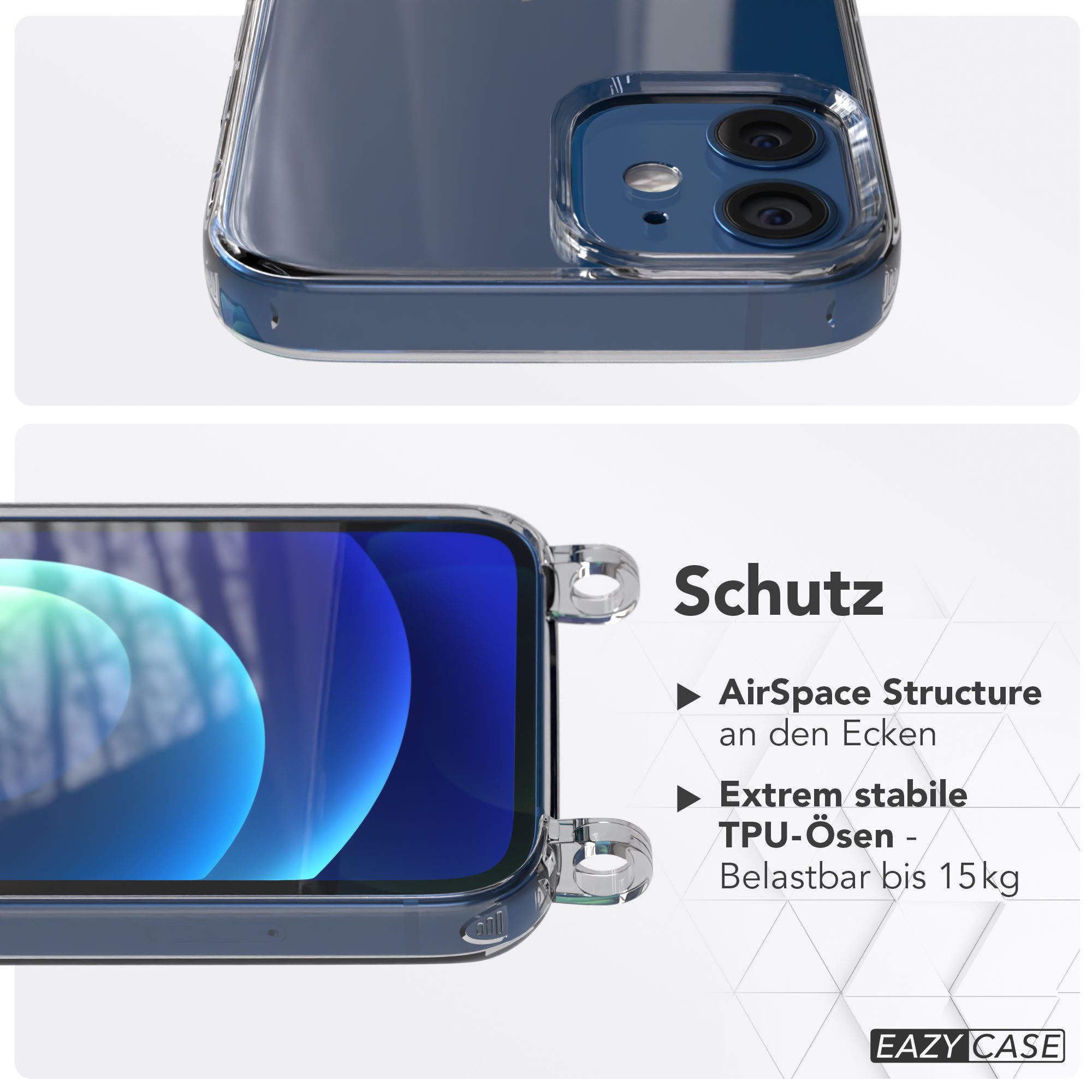 EAZY CASE Handykette Handyhülle für Handyketten mit Befestigungsösen für iPhone Modelle 5,4 Zoll, Hülle für Handykette, Transparent mit Ösen für Apple iPhone 12 Mini