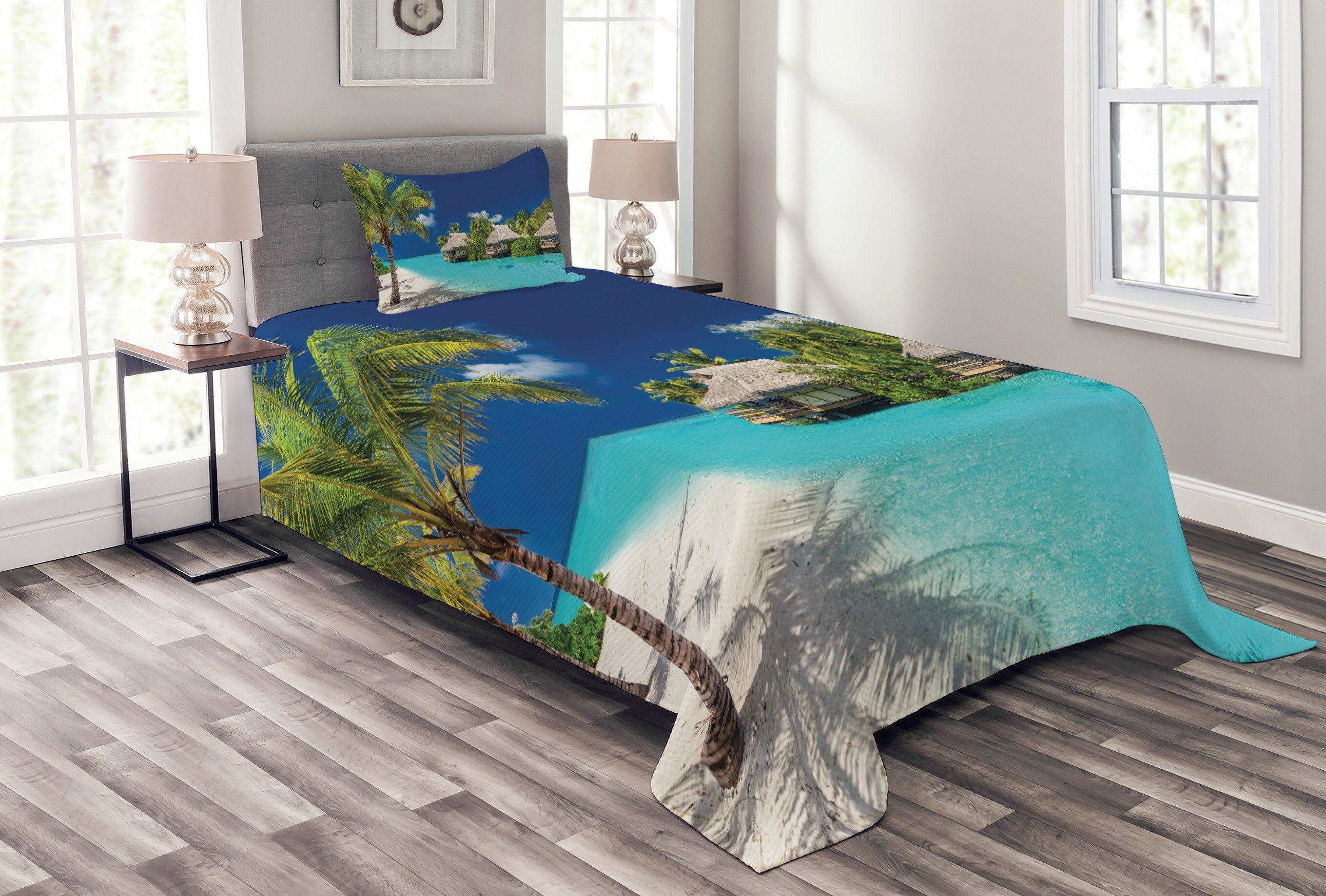 Tagesdecke Set mit Kissenbezügen Waschbar, Abakuhaus, Insel Strandhäuser auf Wasser-Kunst | Tagesdecken