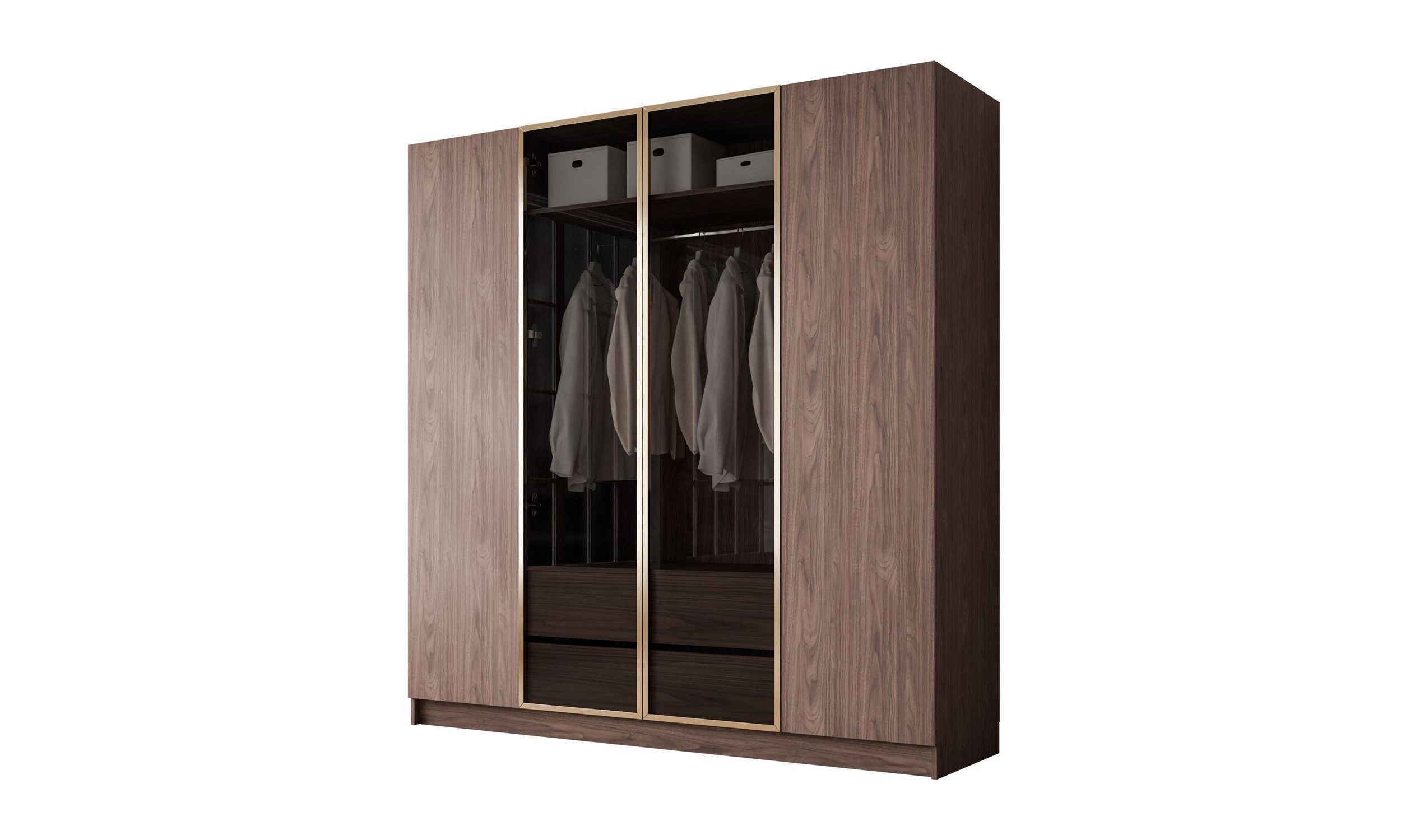 Lookway Kleiderschrank ATRIUM GOLD Nussbaum 4D mit Glas 200 cm breit, getöntes Glas und goldfarbene Rahmen