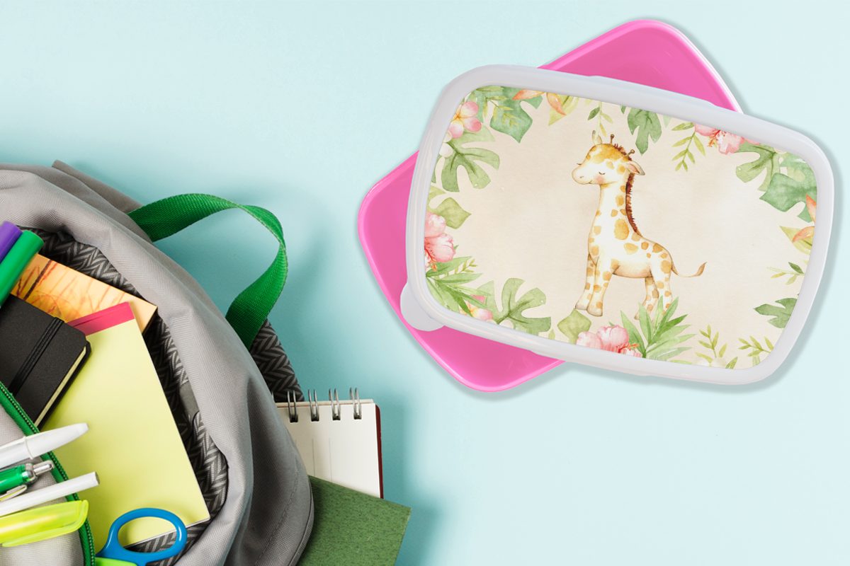 Lunchbox Aquarellfarbe Giraffe rosa Blumen - für Snackbox, Kunststoff, Brotbox Kinder, Brotdose Kunststoff Dschungel, - (2-tlg), - Erwachsene, Mädchen, MuchoWow