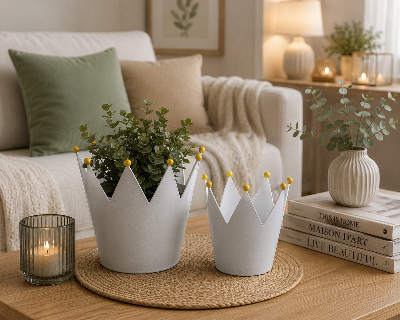 finehomegarden Übertopf Metall-Krone 2er Set Weiß/Gold 11,5 & 14,5 cm Dekorative Deko-Kronen (Set, 2 St., 2er-Set), Vintage-Look für Tisch, Regal und Wohnaccessoires