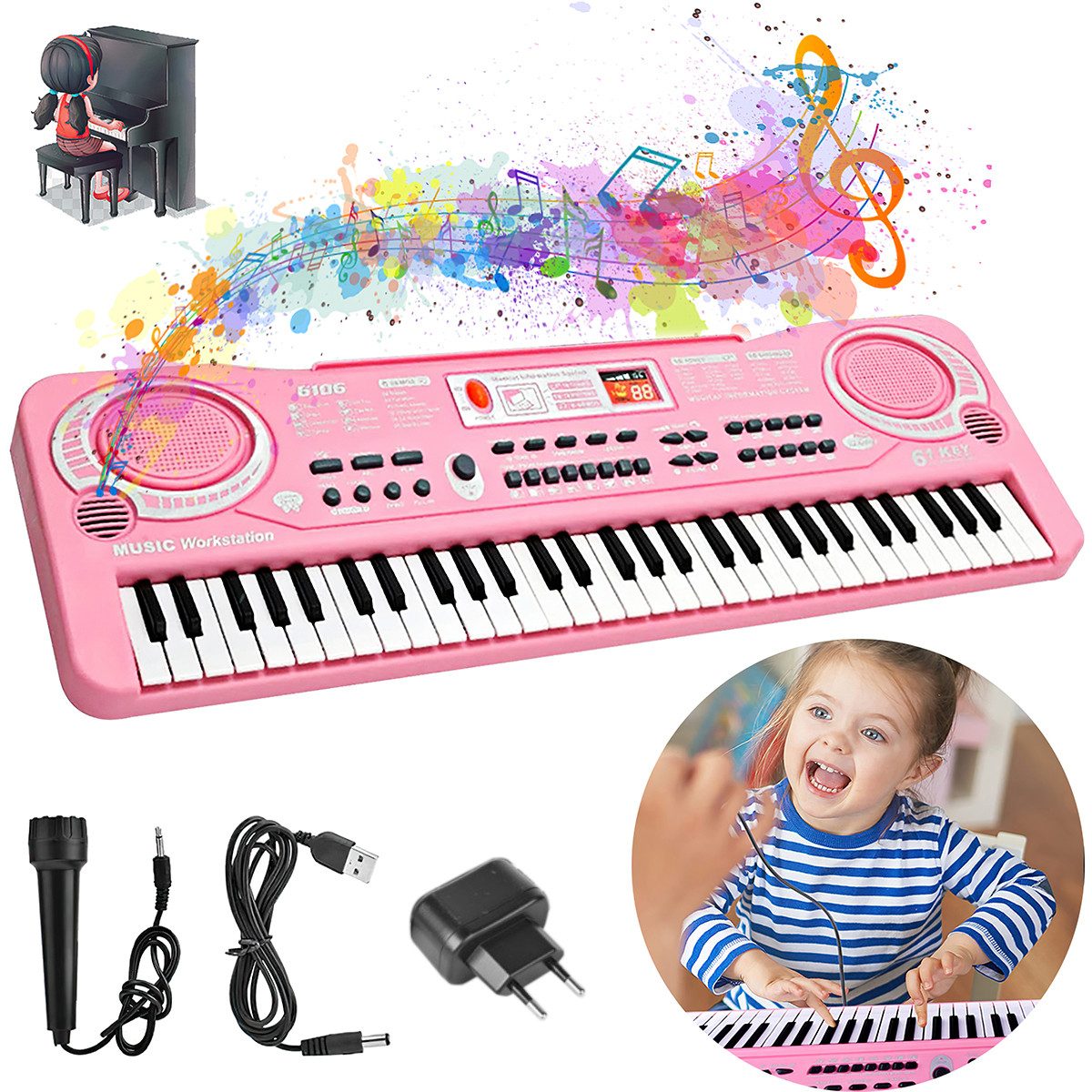 Digitalpiano Keyboard für Kinder, 61 Tasten mit Mikrofon, 16 Klangfarben