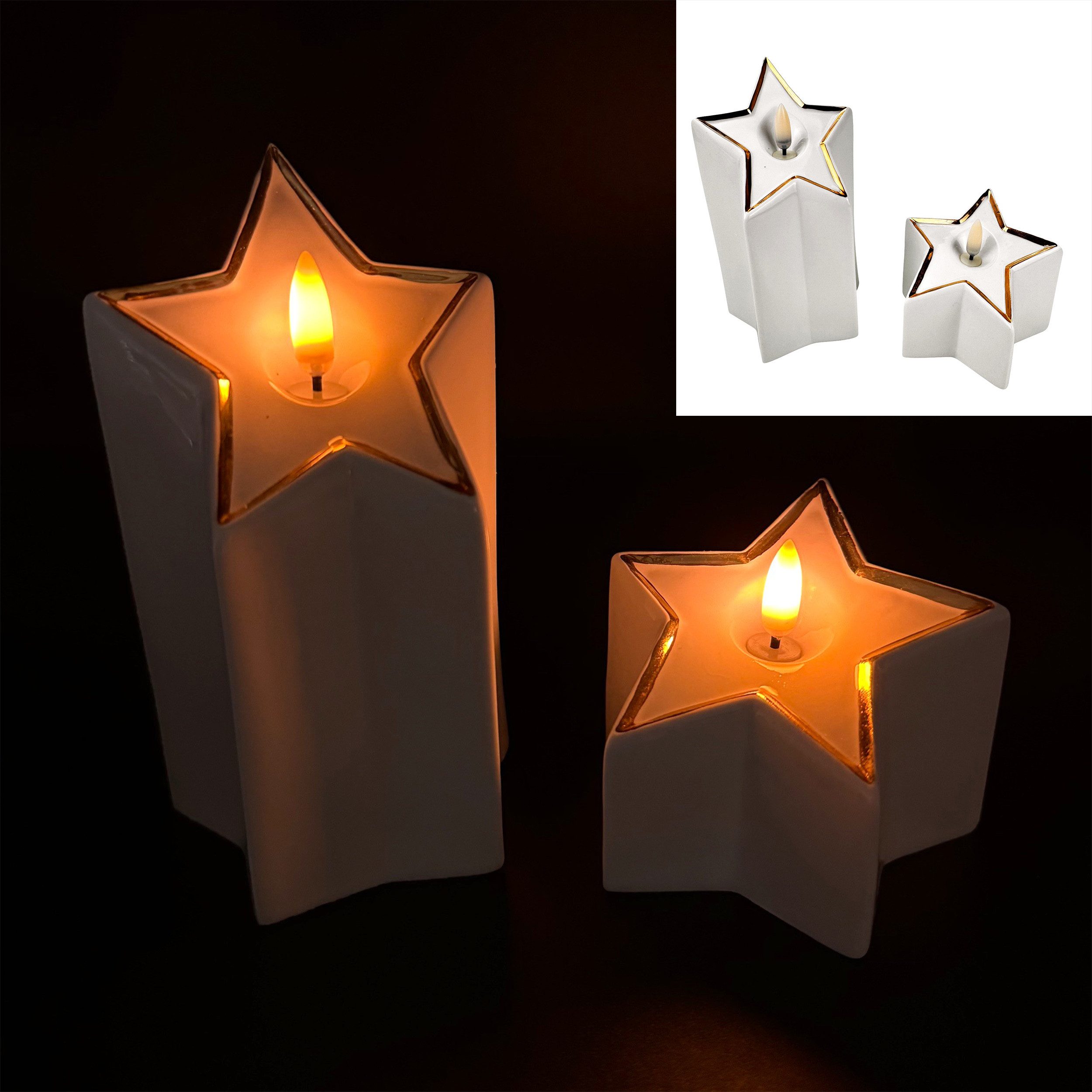 Online-Fuchs LED-Kerze - 2er Set LED-Kerzen aus Porzellan mit 6-Stunden Timer (realistische Kerzenflamme, moderne Sternform), stilvolle Weihnachtsdeko für Wohnzimmer, Esszimmer oder Flur