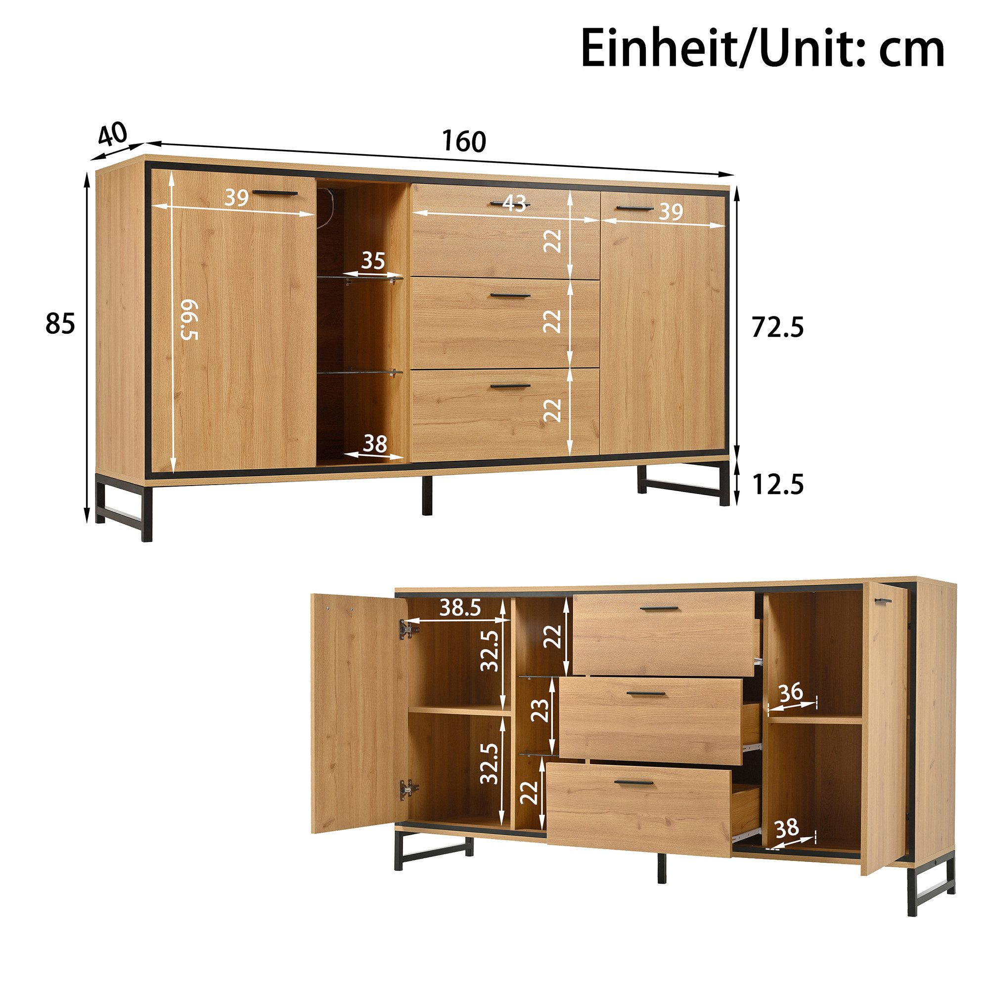 Merax Sideboard mit LED-Beleuchtung und Glasablagen, (1 St), Kommode Holz mit großem Stauraum und verstellbare Einlegeböden