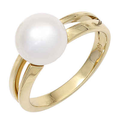 Schmuck Krone Fingerring Ring Damenring mit Perle Süßwasser Zuchtperle 585 Gold Gelbgold Perlenring, Gold 585