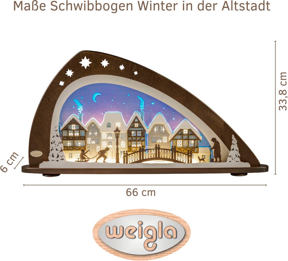 Weigla Lichterbogen LED Winter mit Altstadt,Schwibbogen aus Holz&Acrylglas,Made in Germany (1-tlg), Erzgebirge garantiert, Weihnachtsdeko Innen, Weihnachtsbeleuchtung