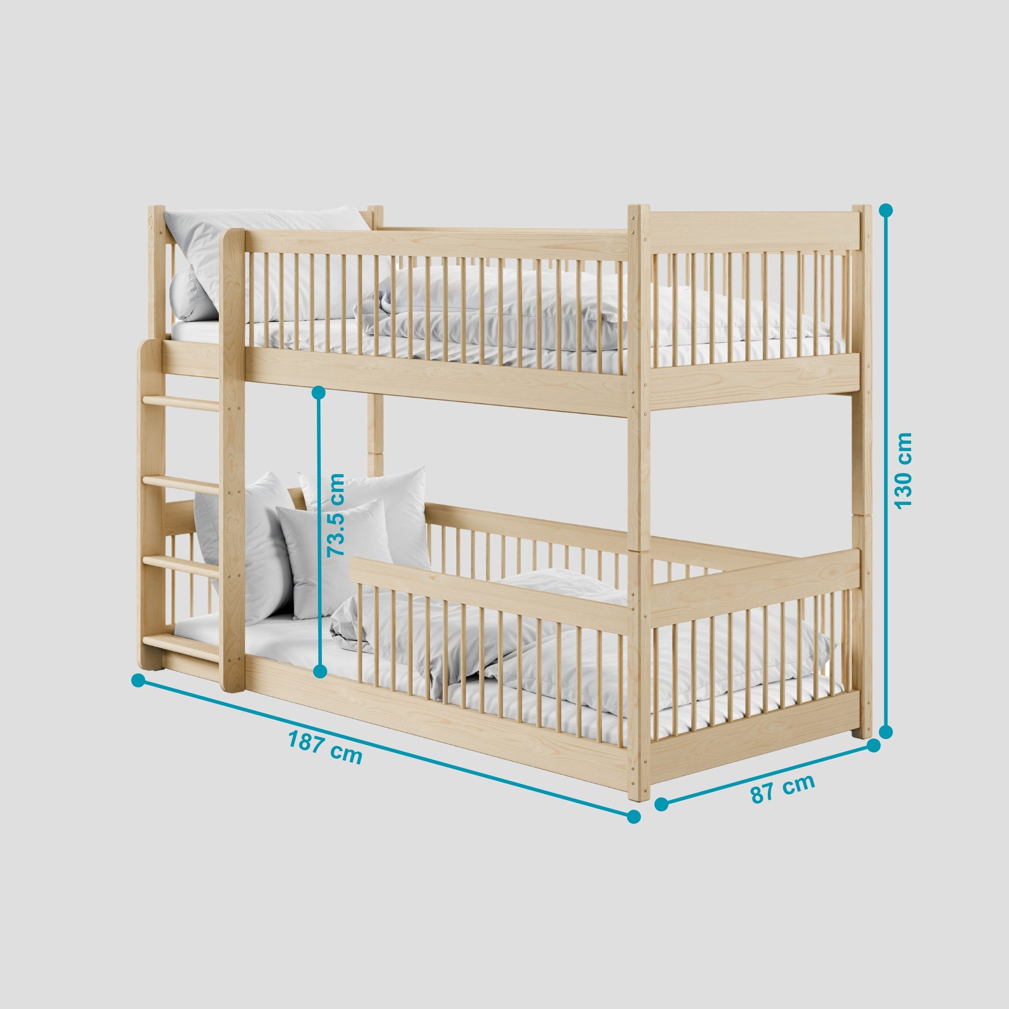 Kids Collective Kinderbett Hochbett Etagenbett 80x180, 90x190, 90x200 cm, umbaubar zu 2 Betten​ (mit abgerundeten Kanten), 80x180 cm von 3. bis 12. Lebensjahr, Natur​
