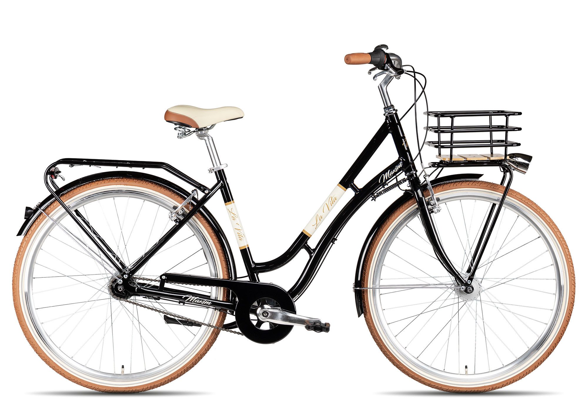Maxim Cityrad Maxim La Vita Nexus, 7 Gang Shimano Nexus 7 Rücktritt Schaltwerk, Nabenschaltung Rücktritt, Gepäckkorb über Vorderrad schwarz/grau