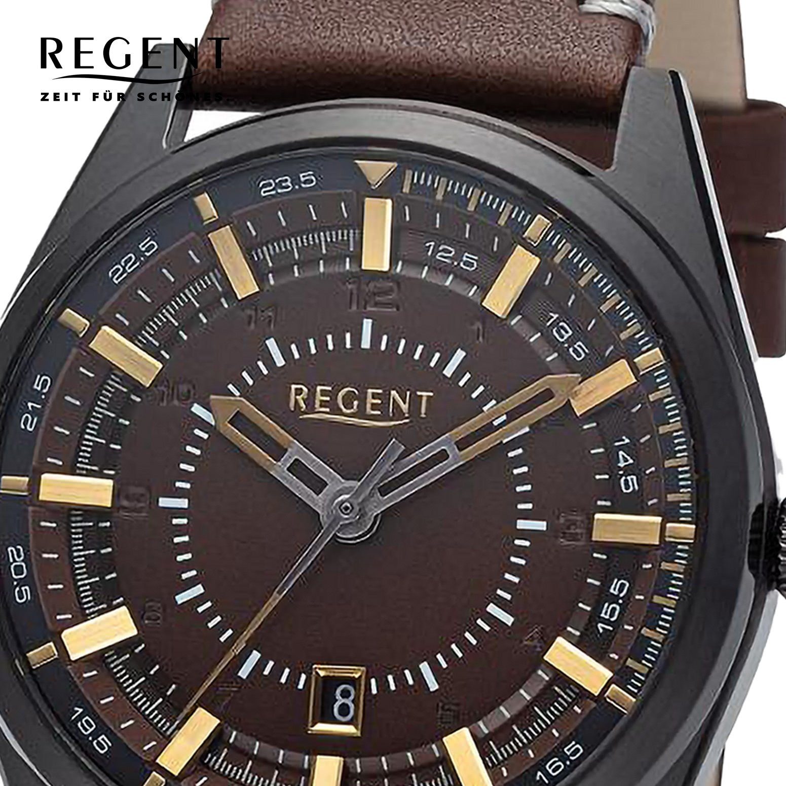 Regent Quarzuhr Analog, Armbanduhr Regent Herren (ca. 41mm), rund, Armbanduhr Lederarmband groß extra Herren