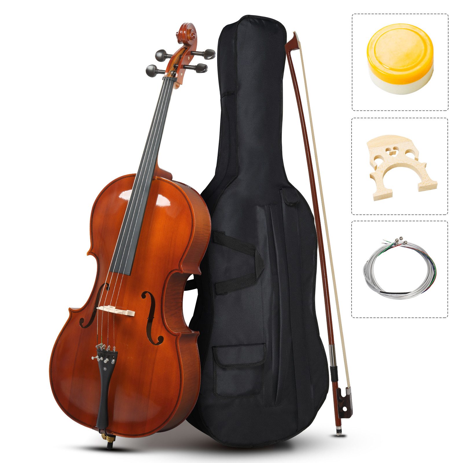 VINGLI Cello 4/4 Vollgröße aus Fichtenholz mit Tiger-Muster, Fichtendecke