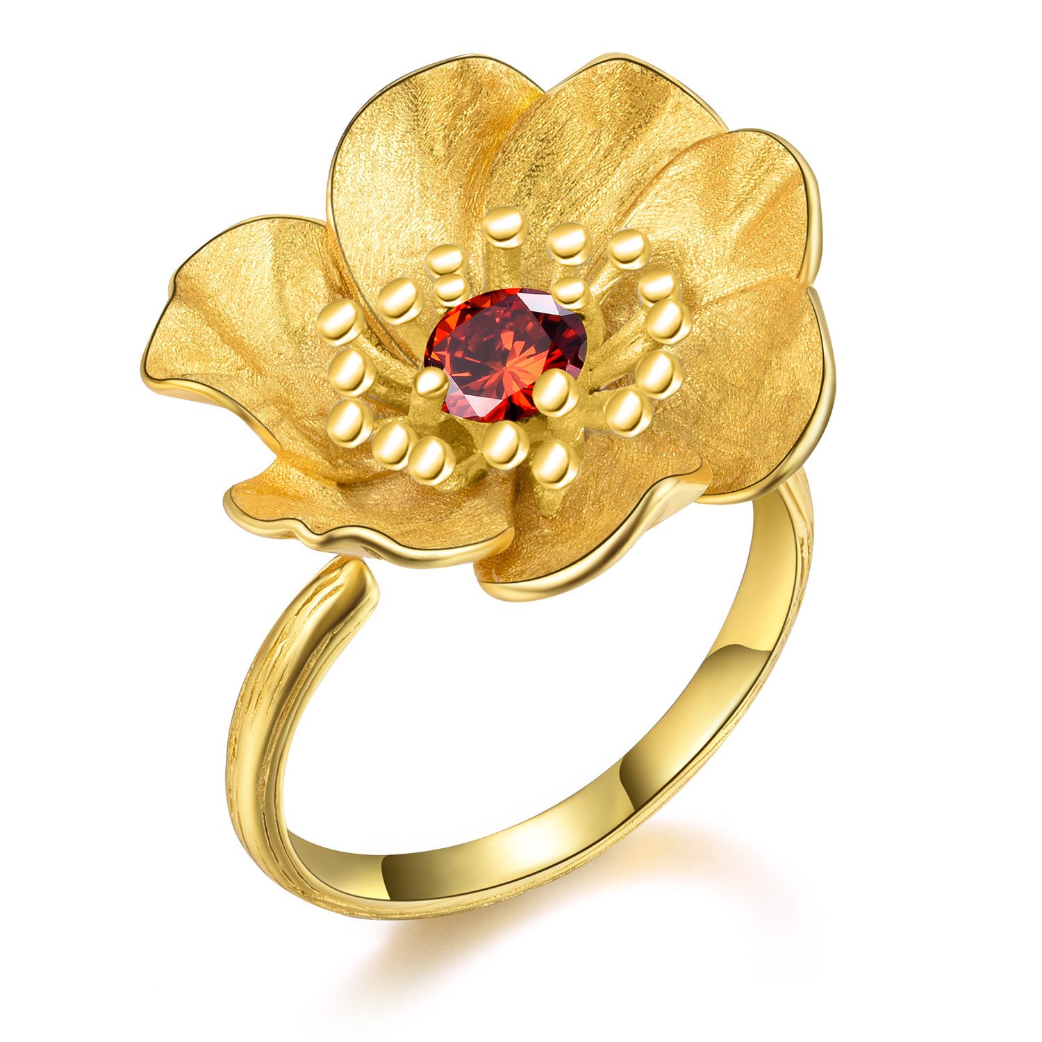 Runde Perlé Silberring blühende Anemone mit Granat verstellbarer Ring, handgefertigter Ring, 925er Silber, 18K Gold, Granat Stein
