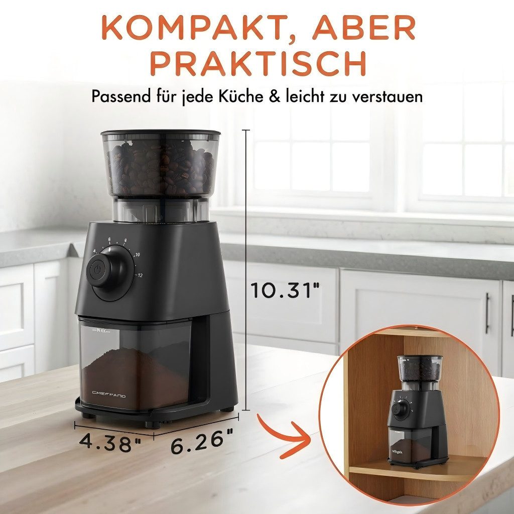 CHEFFANO Kaffeemühle Elektrische Kaffeemühle mit Kegelmahlwerk, 30 Mahlgrade, 150 W, Kegelmahlwerk, Langlebiger konischer Fräser
