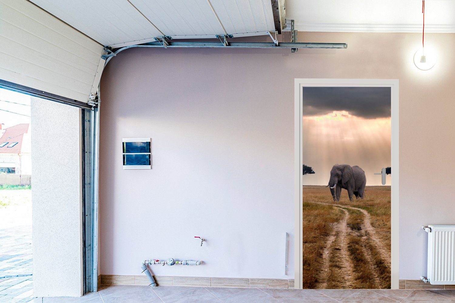 Tür, Türaufkleber, Tiere cm Fototapete Matt, MuchoWow Sonne, St), - bedruckt, - Elefant Wiese (1 - Türtapete 75x205 für