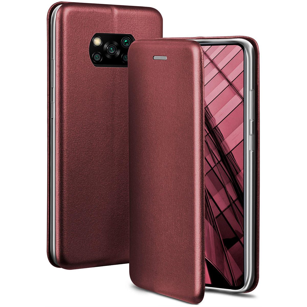 ONEFLOW Handyhülle für Poco X3 NFC Premium Hülle Business Cover Rot 6,67 Zoll, 360 Grad Schutzhülle Flip Case Etui Klapphülle Dünn Leder Handy Tasche