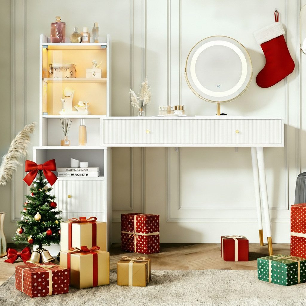 i@home Schminktisch Schminktisch-Set mit LED-beleuchtetem Spiegel, weiß (1 Schminktisch ohne Hocker), beleuchteten Schrank mit Glastür, Maße: 100 x 40 x 125 cm