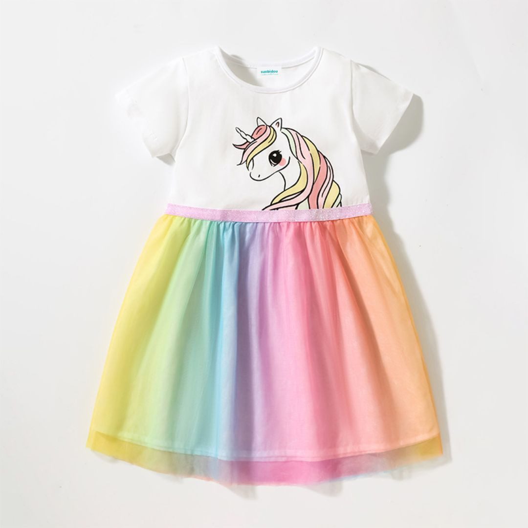 Midikleid Kurzarm Kleid mit Regenbogentüll 'Einhorn' weiß/pastell