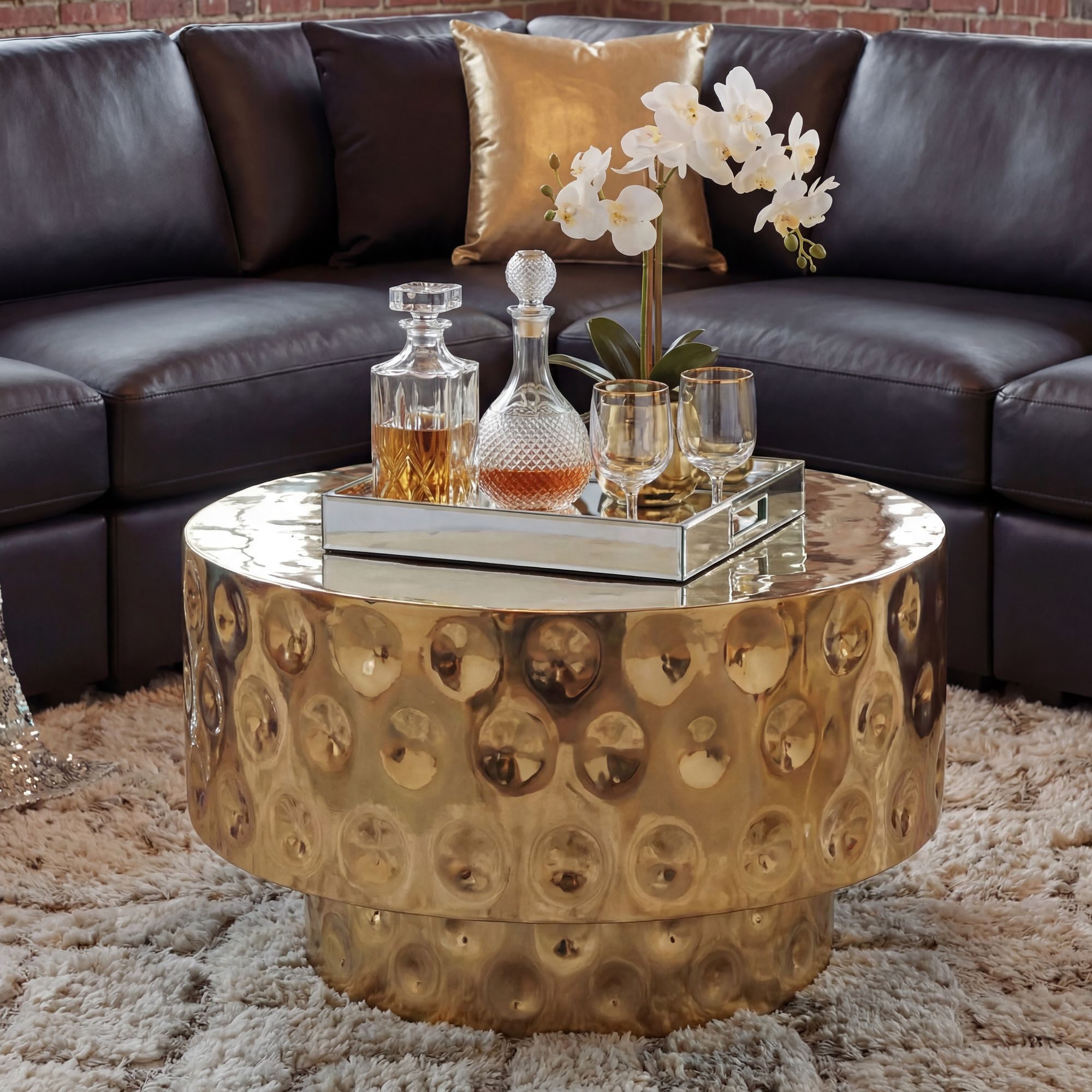 FINEBUY Couchtisch FB77623 Sofatisch Wohnzimmertisch Aluminium rund 60cm Beistelltisch (Stilvoller Kaffeetisch in edler Trommelform), Pflegeleichter Ablagetisch fertig montiert