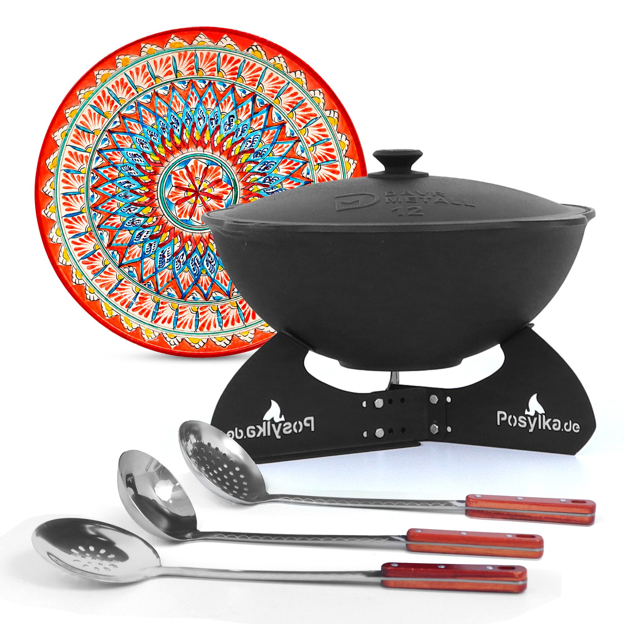 DAVR Metall Schmortopf Kazan Gusseisen 12 L Ø 42,5 cm flach 9-tlg Lagan Ø 37 cm Plovbesteck, Stahl, Gusseisen, Holz, Keramik, Aluminium, Edelstahl, Kunststoff (9-tlg), Dickwandig