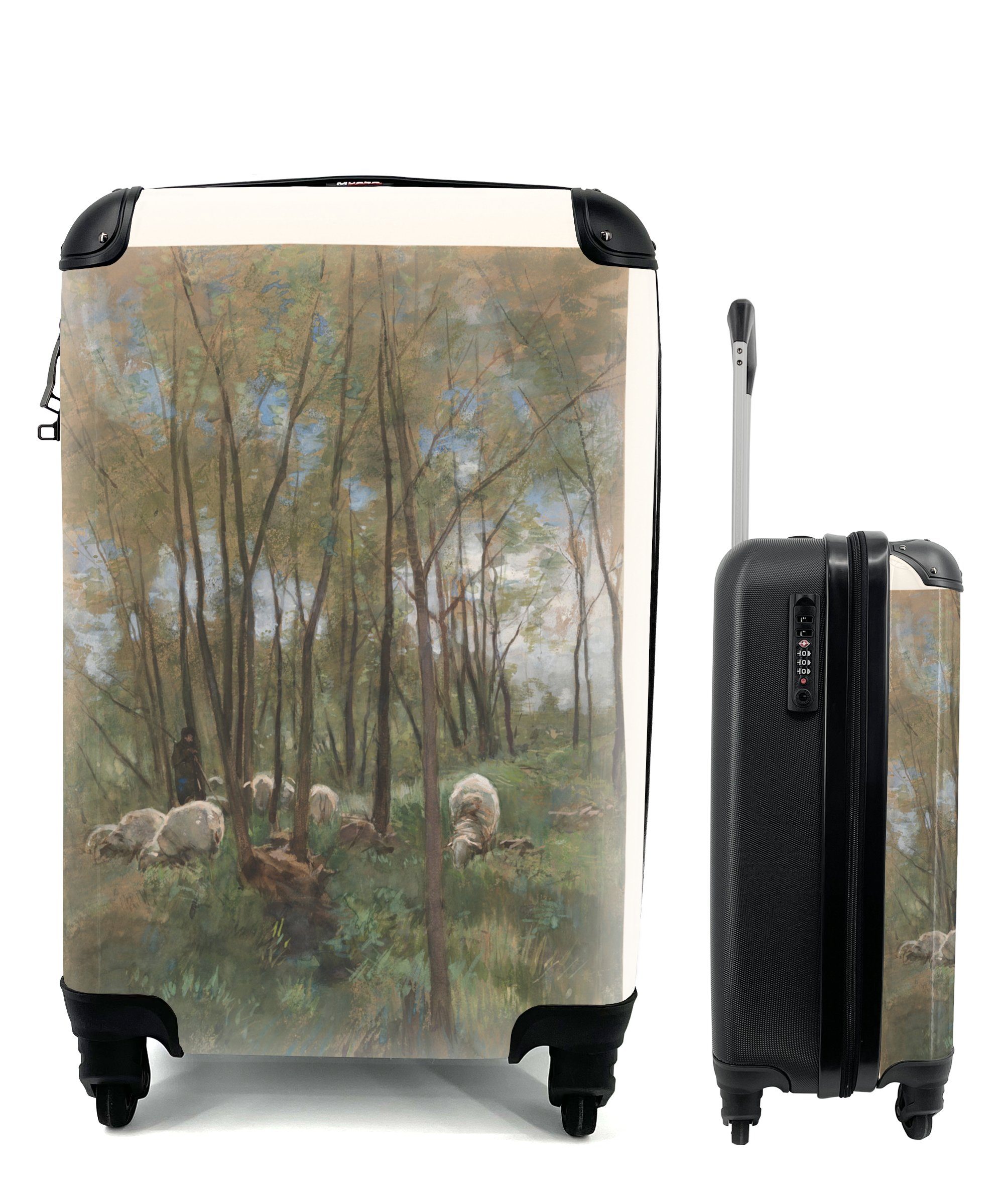 MuchoWow Handgepäckkoffer Schafherde in einem Wald - Gemälde von Anton Mauve, 4 Rollen, Reisetasche mit rollen, Handgepäck für Ferien, Trolley, Reisekoffer
