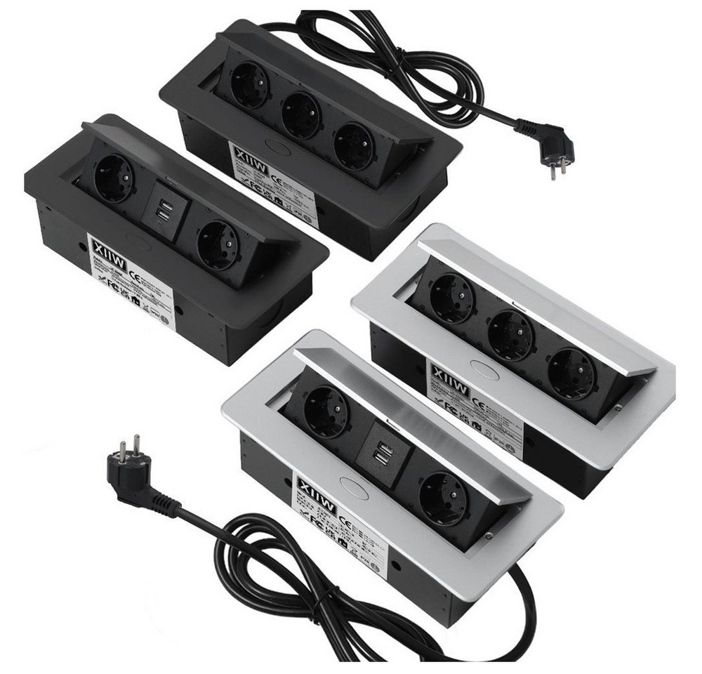 XERSEK 1.8m Kabel + Netzteil Versenkbar Einbausteckdose Alu Tischsteckdose Einbau-Tischsteckdose (2Fach +2USB, 3500W/16A Tischplatte, Bodensteckdose), Aluminium Steckdosenleiste für Möbel, Büro, Küche