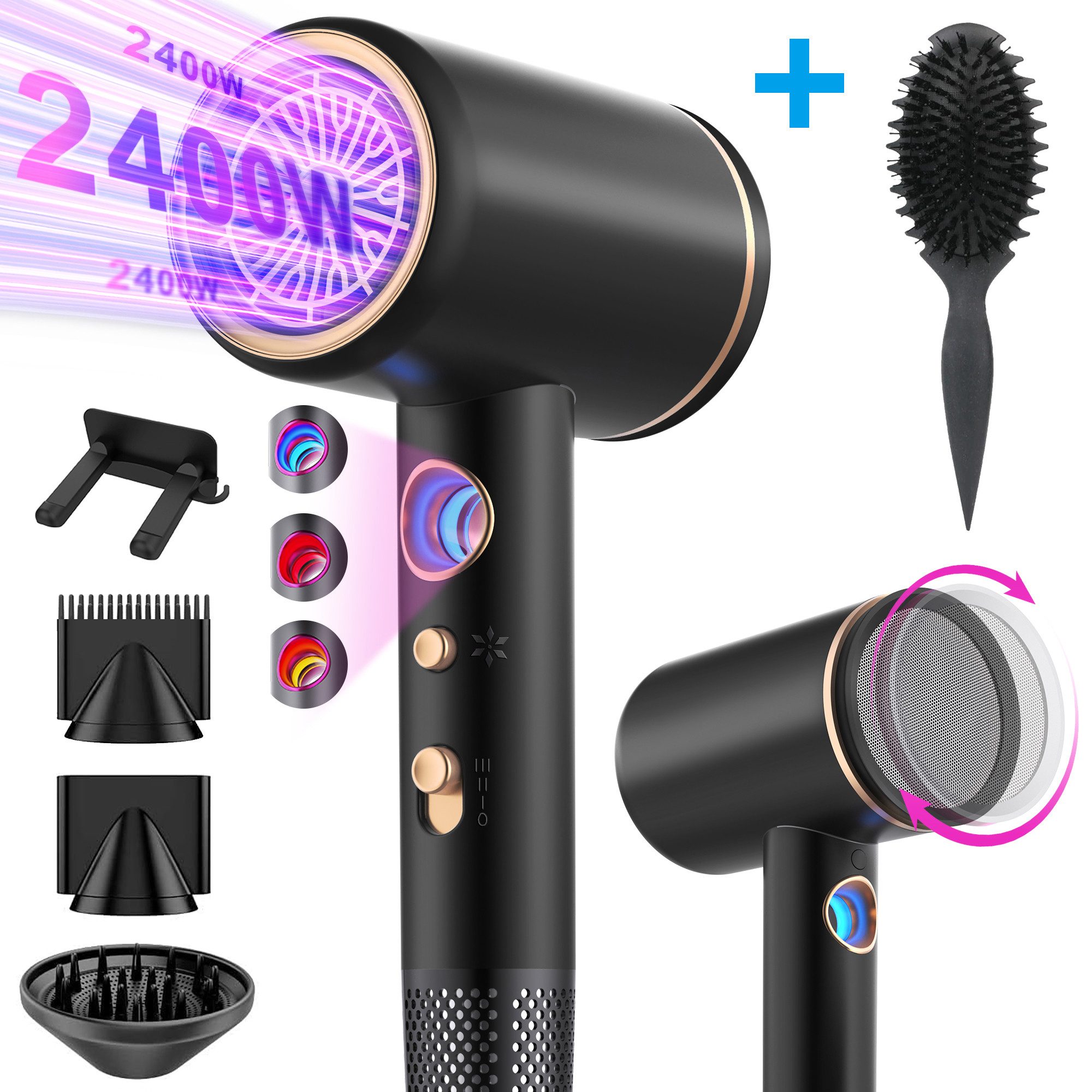 Forrlite Haartrockner 2026 Neues Haartrockner,Föhn Ionen mit Diffusor 2400W AC Motor, 2400 W, 3 Stylingdüsen Professional Ionen Haartrockner Haartrockner, Haartrockner 2400W, Professioneller Haarföhn mit 3 Hitze-Einstellungen
