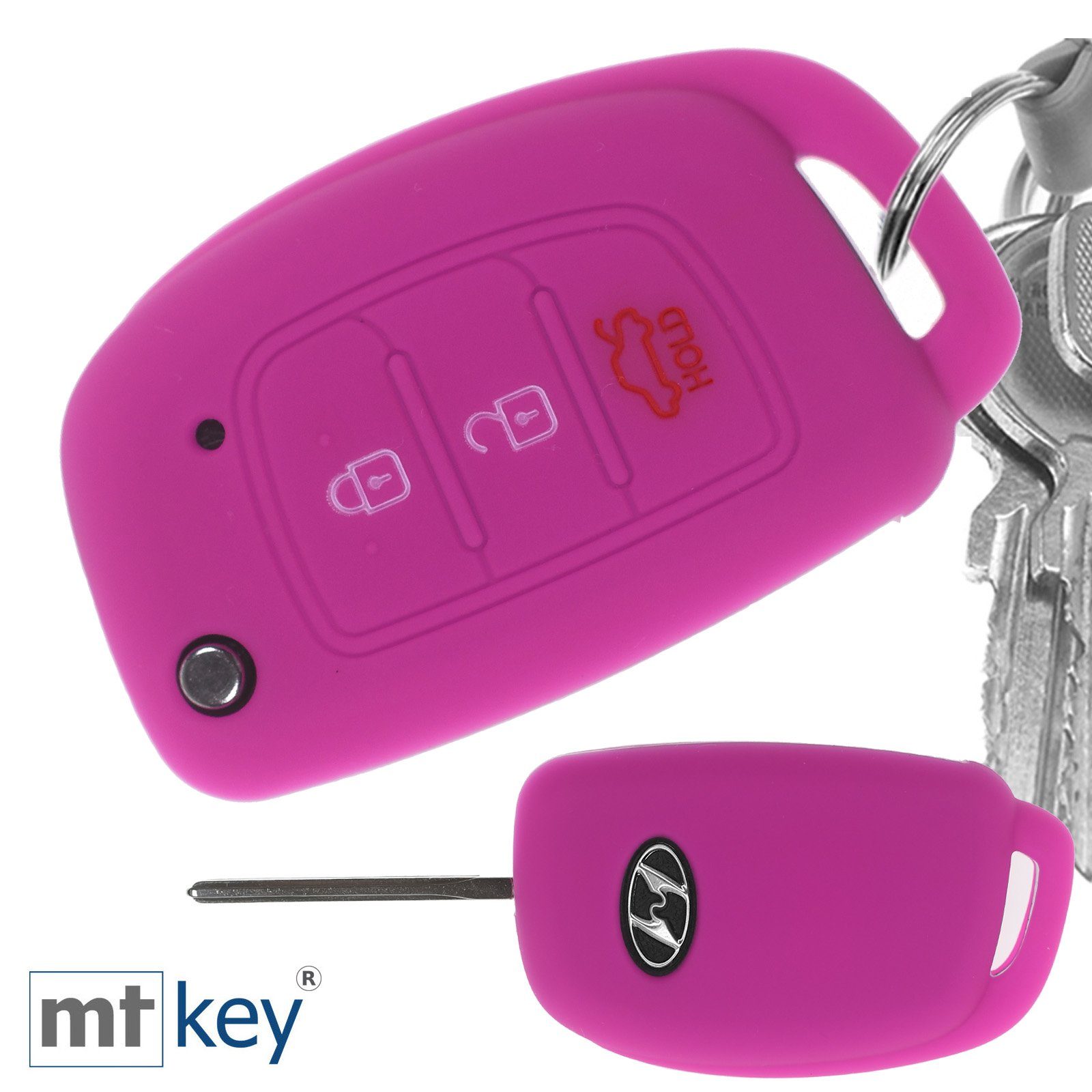 mt-key Schlüsseltasche Autoschlüssel Softcase Silikon Schutzhülle im Wabe Design Pink, für Hyundai i10 i20 ix25 ix35 i40 Accent Tucson 3 Knopf Klappschlüssel