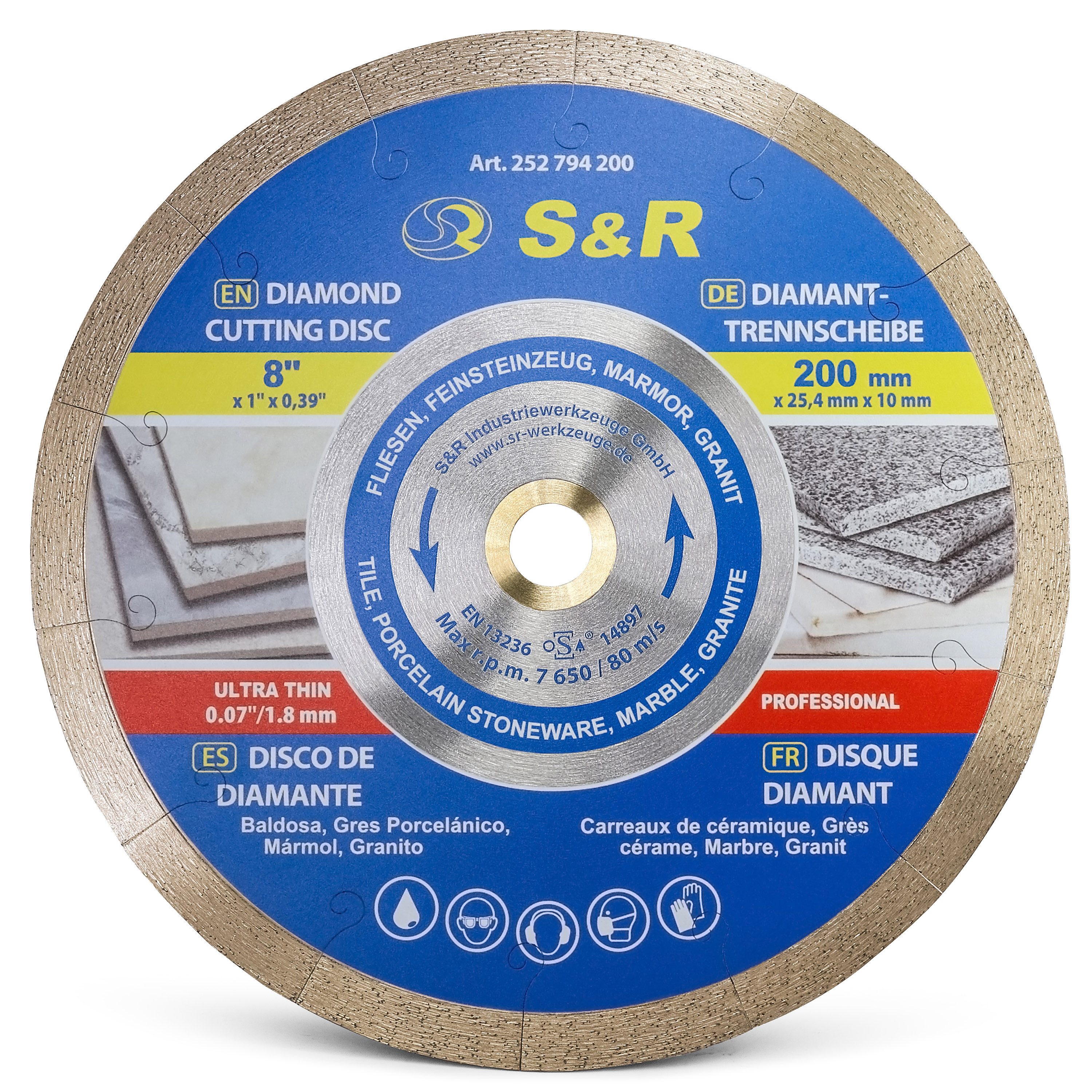 S&R Diamanttrennscheibe 200 x 25,4 x7mm (1,6 mm extra dünn), Trennscheibe für sauberes Trennen, Ø 200 mm, von Fliesen, Porzellan, Keramik, Feinsteinzeug, Granit, Marmor