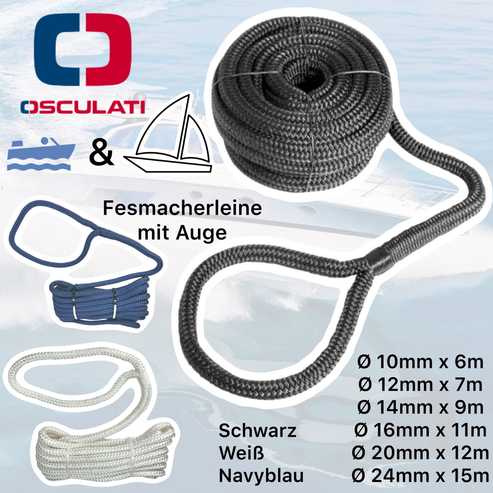 Osculati Motorboot Osculati Festmacherleine mit Auge Boot Klampen Anlege Mooring Seil, verschiedene Längen