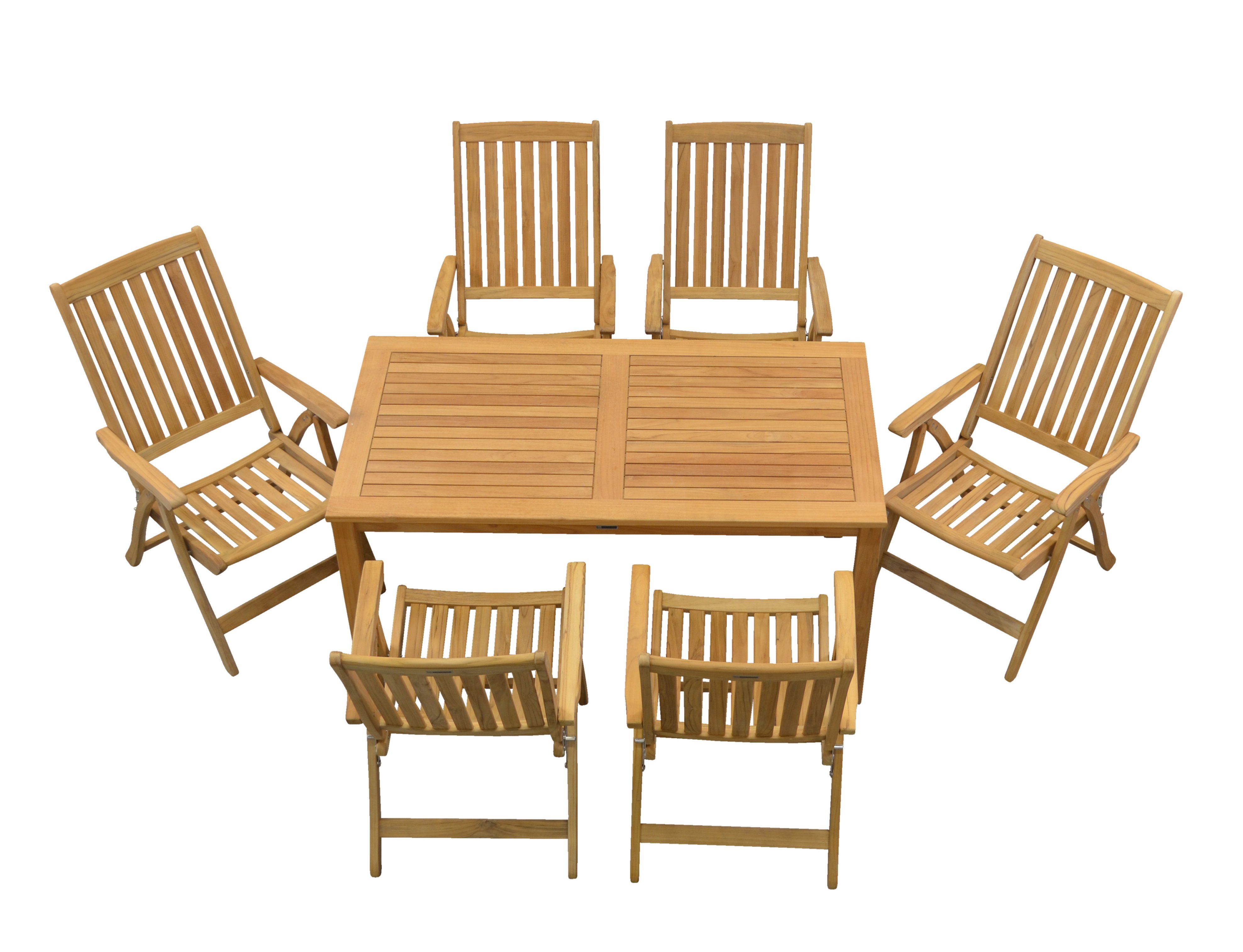 Kai Wiechmann Garten-Essgruppe Teak Sitzgruppe London und Pisa mit Esstisch (150x80 cm), (7-tlg., 6 Стулья, 1 Tisch), klappbare Recliner, ideal für 6 Personen, robust, edel, wetterfest