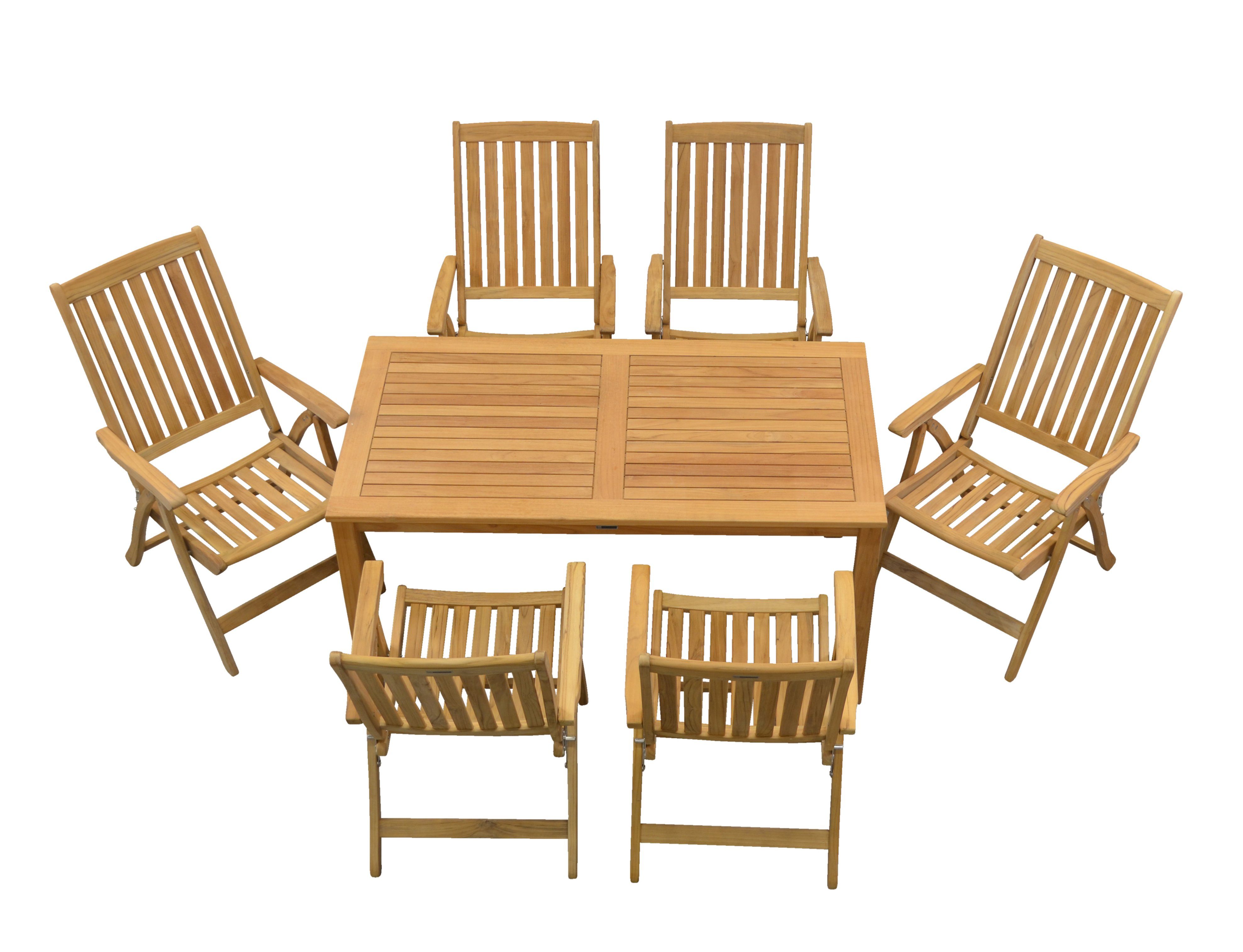 Kai Wiechmann Garten-Essgruppe Teak Sitzgruppe London und Pisa mit Esstisch (150x80 cm), (7-tlg., 6 Stühle, 1 Tisch), klappbare Recliner, ideal für 6 Personen, robust, edel, wetterfest