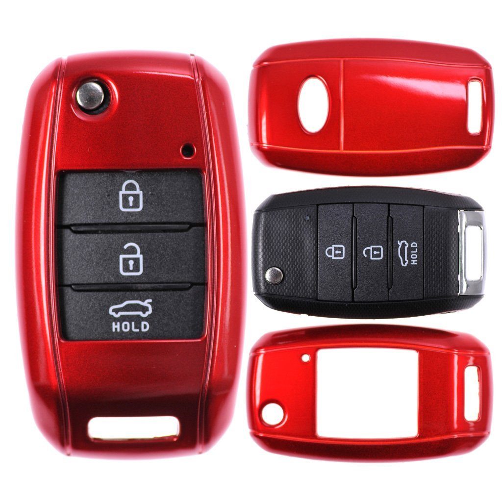 mt-key Schlüsseltasche Autoschlüssel Hardcover Schutzhülle Metallic Rot, für KIA Sportage Rio Ceed Sorento Soul Carens Picanto Klappschlüssel