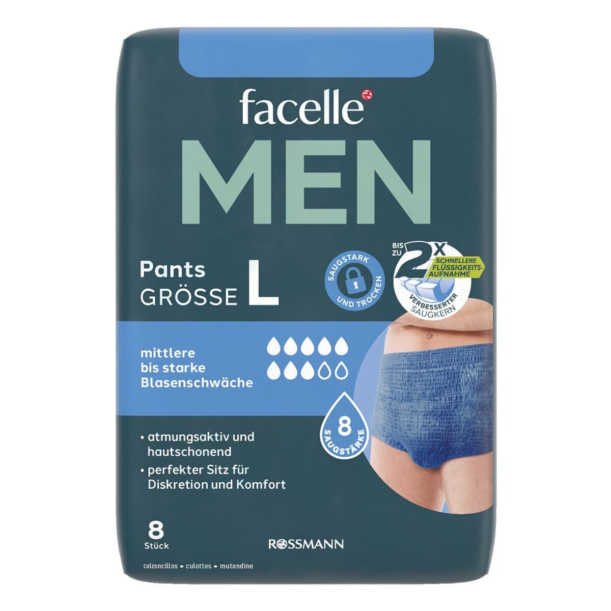 facelle Inkontinenz-Pants MEN Pants, 8, L, Wäschegröße: 8-9 Herren Gr., 8-St., Saugstärke: 8