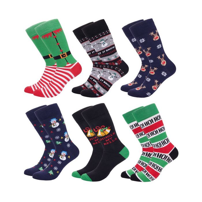 BRUBAKER Socken 6 Paar Herren Weihnachtssocken - Lustige Socken Weihnachten 41-45 (Set 6-Paar 6er-Pack) Bunte Baumwollsocken - Männer Set für Geburtstag Adventskalender