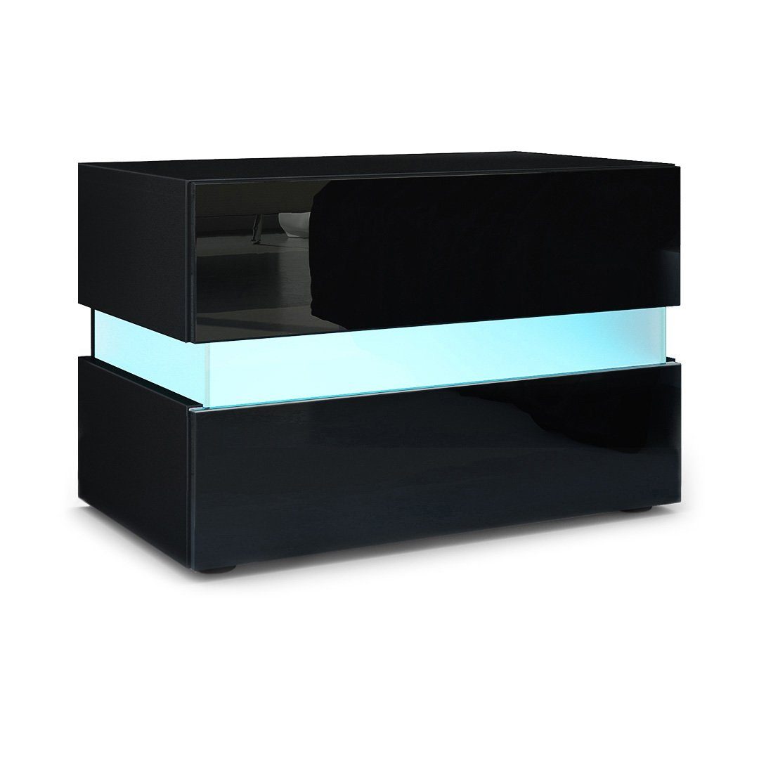 Vladon Nachttisch Flow (Nachttischschrank, mit Schublade zur Wandmontage), Schwarz matt/Schwarz Hochglanz, inkl. LED-Beleuchtung (60x45x39 cm)
