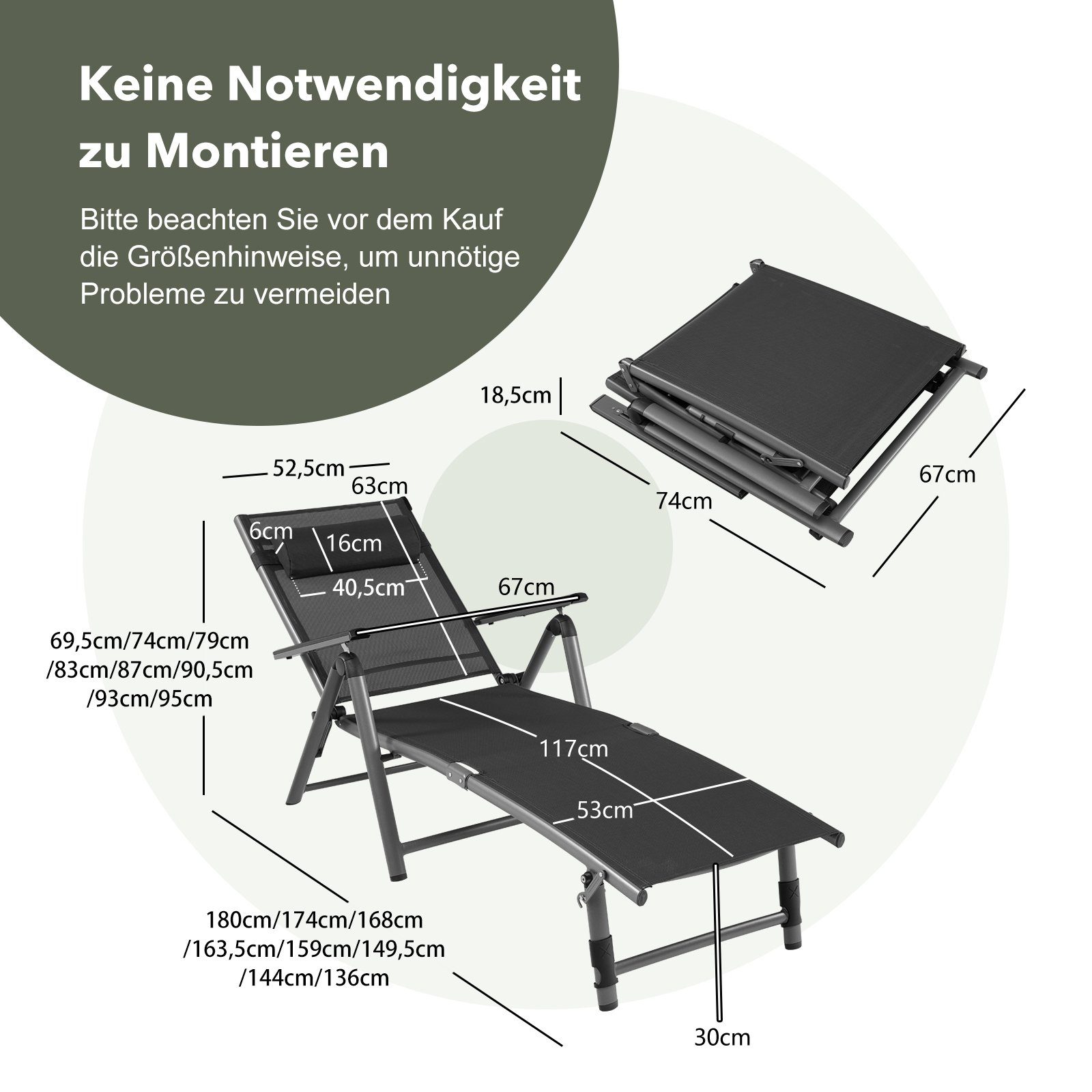 COSTWAY Gartenliege Liegestuhl, 8-fach verstellbar, mit Kopfkissen