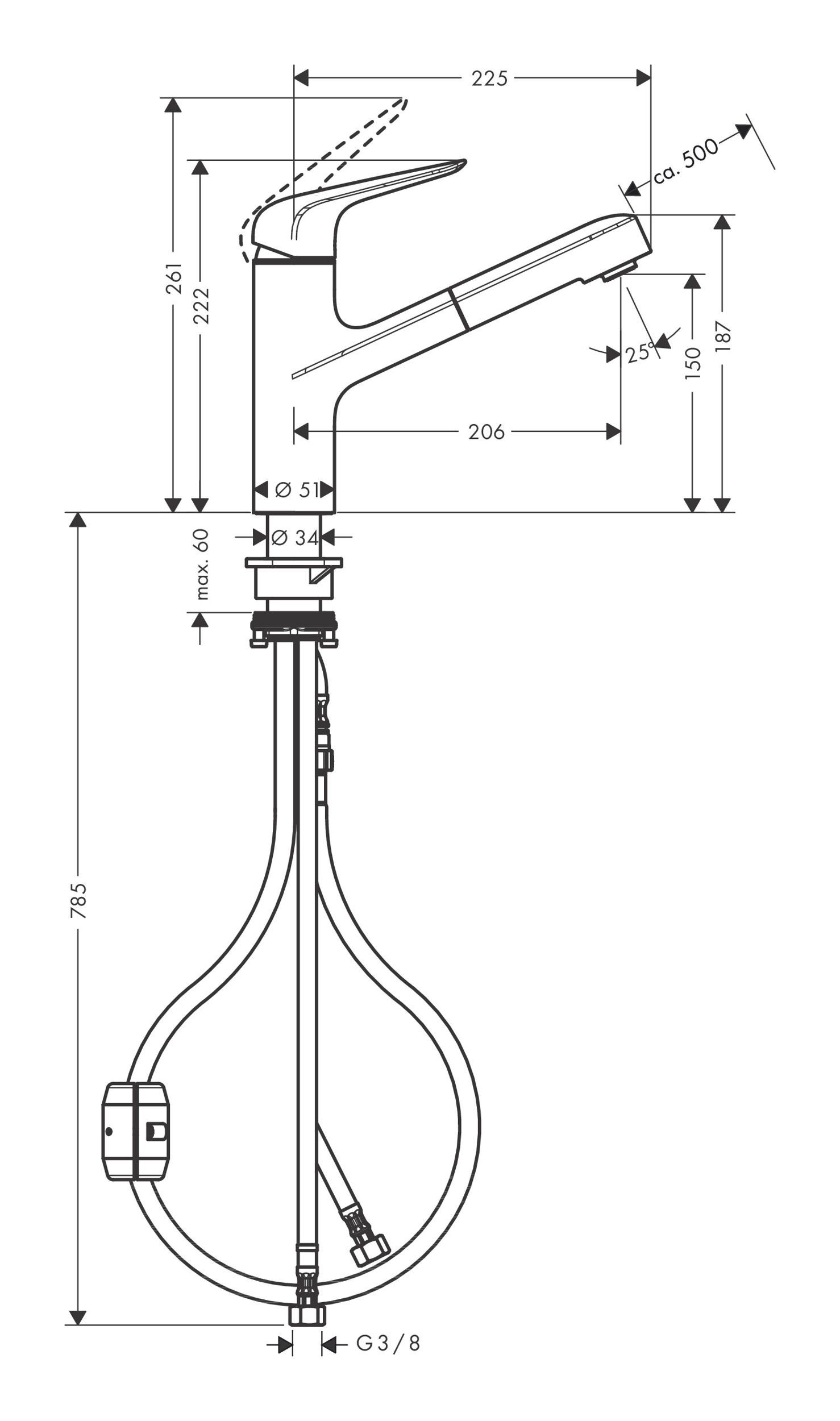 - 1jet Küchenarmatur Focus Einhebel-Küchenmischer hansgrohe Ausziehauslauf mit 150 M42 Chrom