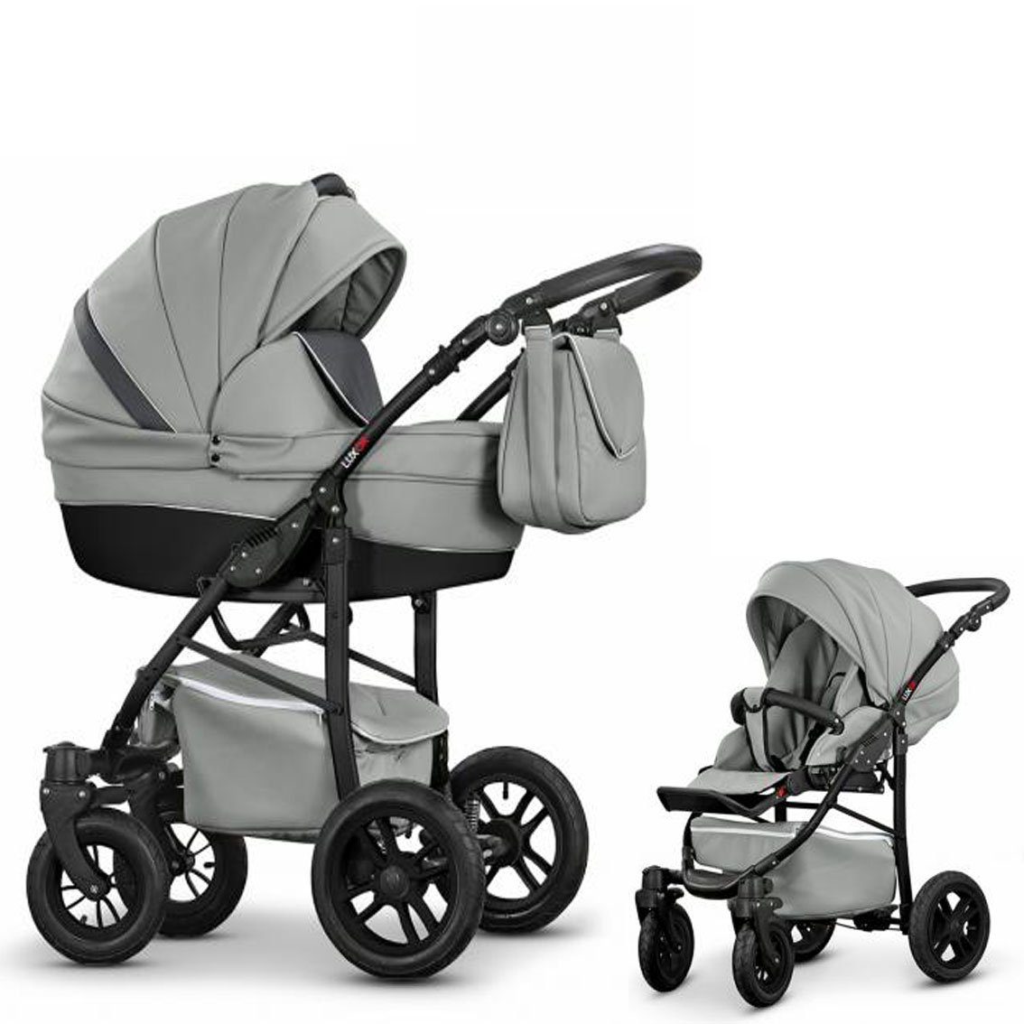 babies-on-wheels Kombi-Kinderwagen 2 in 1 Kinderwagen-Set Cosmo ECO - 13 Teile - in 16 Farben Grau-Schwarz Kunstleder