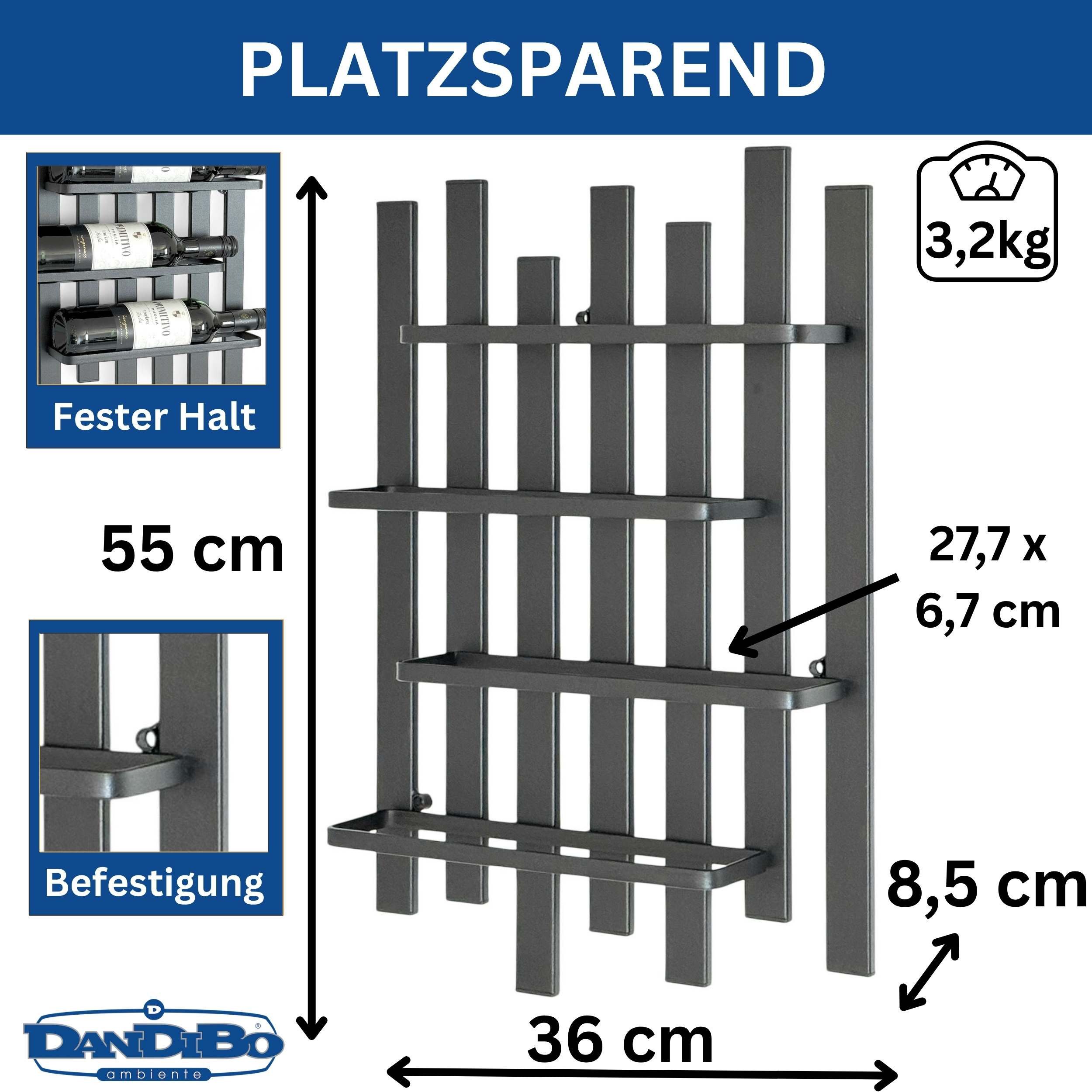 DanDiBo Weinregal Wand Metall Schwarz Modern 96691 Flaschenregal Schmal Wandmontage, Wohnzimmer hängend