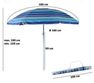 ELLUG Sonnenschirm gestreifter Sonnenschirm Marktschirm Sonnenschutz UV-Schutz UPF 50+ 180cm aus Stahl mit Kippfunktion höhenverstellbar Strandschirm Balkonschirm Gartenschirm, Kippfunktion