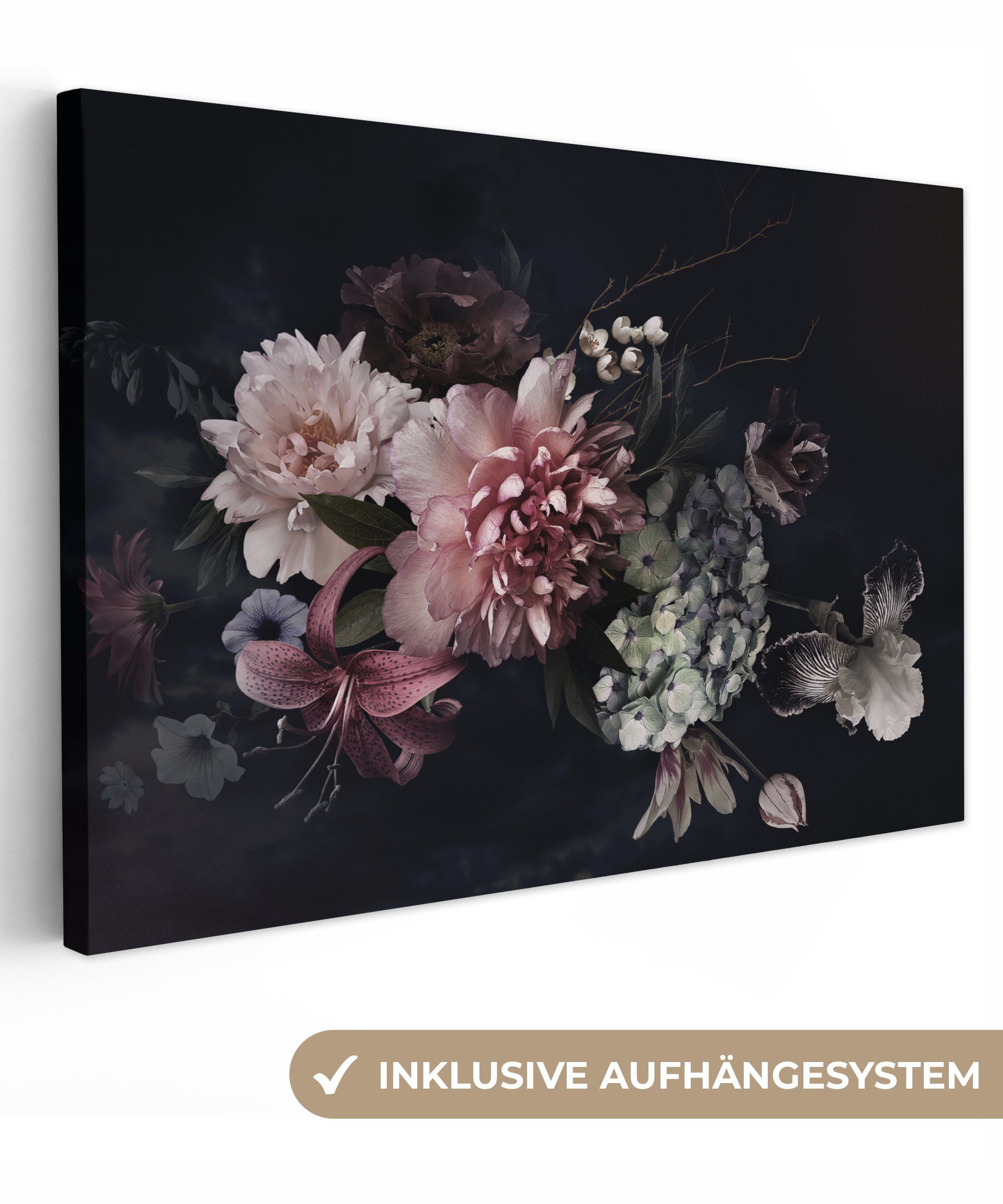 OneMillionCanvasses® Leinwandbild Blumen - Vintage - Pastell - Rosa - Weiß, Fotodruck (1 St), Leinwand Bilder Klein, Wand Dekoration Aesthetic 30x20 cm