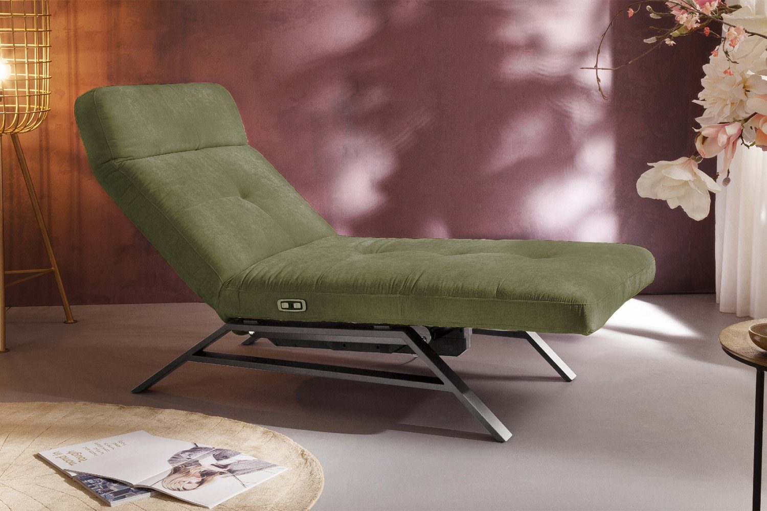 KAWOLA chrome, Breiten olivgrün Farben Sessel AMERIVA, und versch. Fuß Relaxliege schwarz od. Velvet,