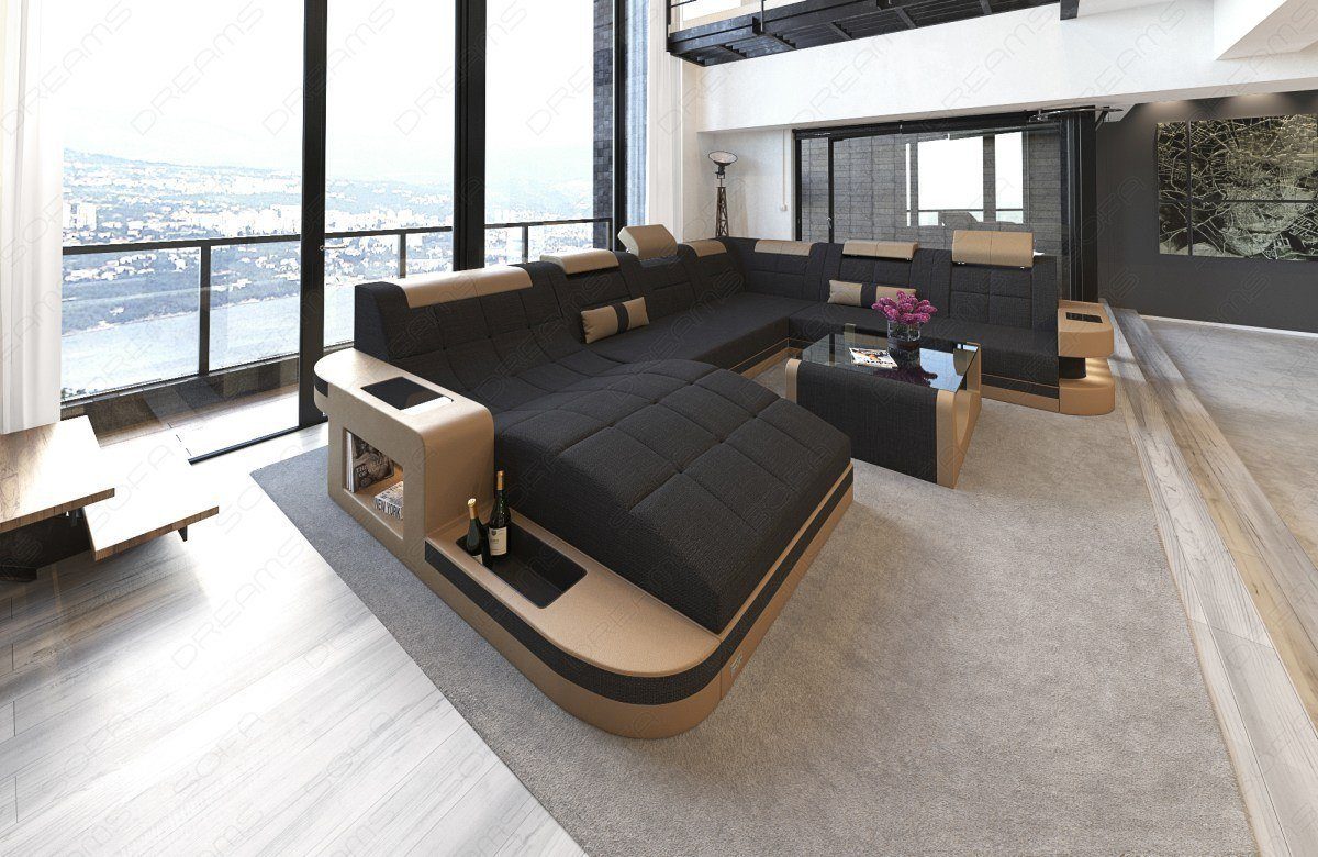 schwarz-sandbeige Dreams mit Stoffsofa Sofa, H XXL Strukturstoff Polster Sofa Wohnlandschaft Wave Bettfunktion Couch wahlweise Stoff