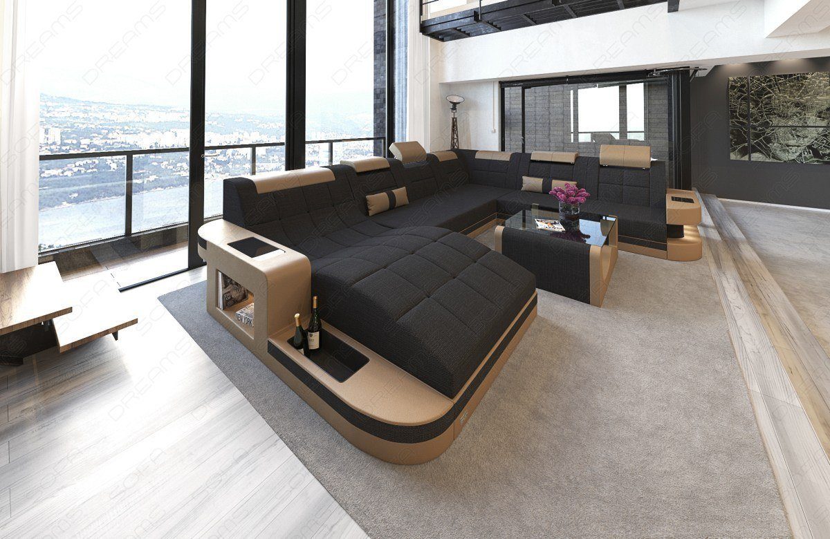 Sofa Dreams Wohnlandschaft Wave XXL Strukturstoff, Ottomane, 6-Sitzer, opt. Bettfunktion, LED-Beleuchtung, USB, Webstoff