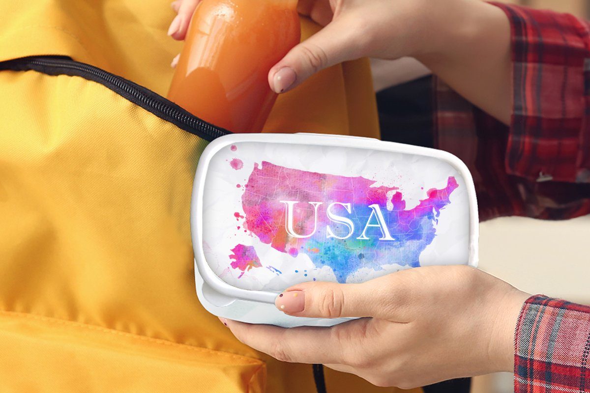 Erwachsene, weiß Aquarell und Brotdose, Vereinigte - Weltkarte Lunchbox für und - Mädchen für Staaten, Kunststoff, (2-tlg), MuchoWow Brotbox Kinder Jungs