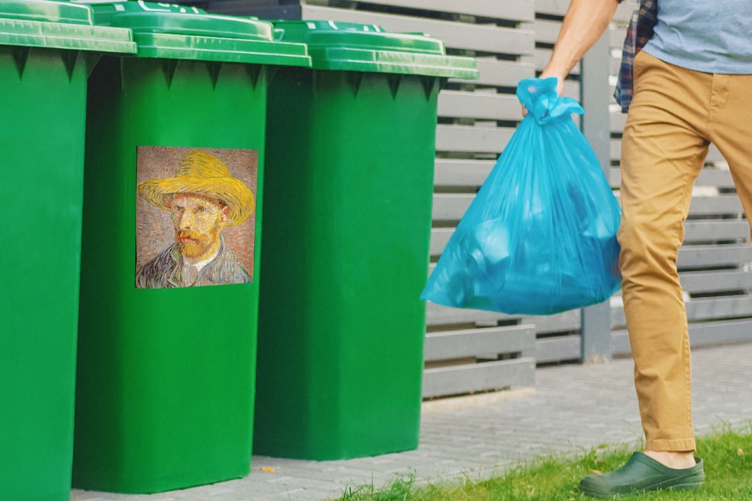 van Abfalbehälter mit MuchoWow - St), Container, (1 Sticker, Wandsticker Selbstbildnis Mülleimer-aufkleber, Mülltonne, Strohhut Vincent Gogh